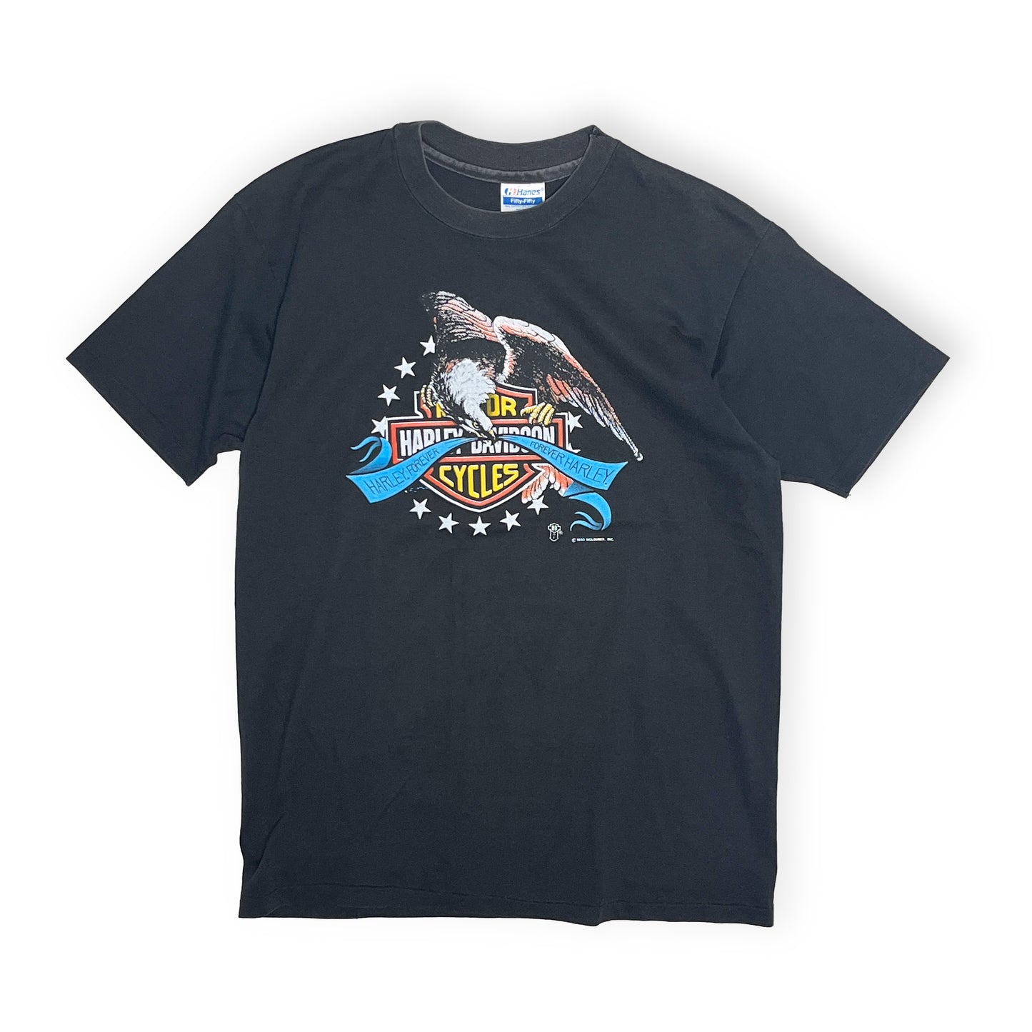 90s Hanes Harley Davidson T L 平置き 2 黒Tシャツ ハリー・デヴィッドソンロゴプリント 星の装飾