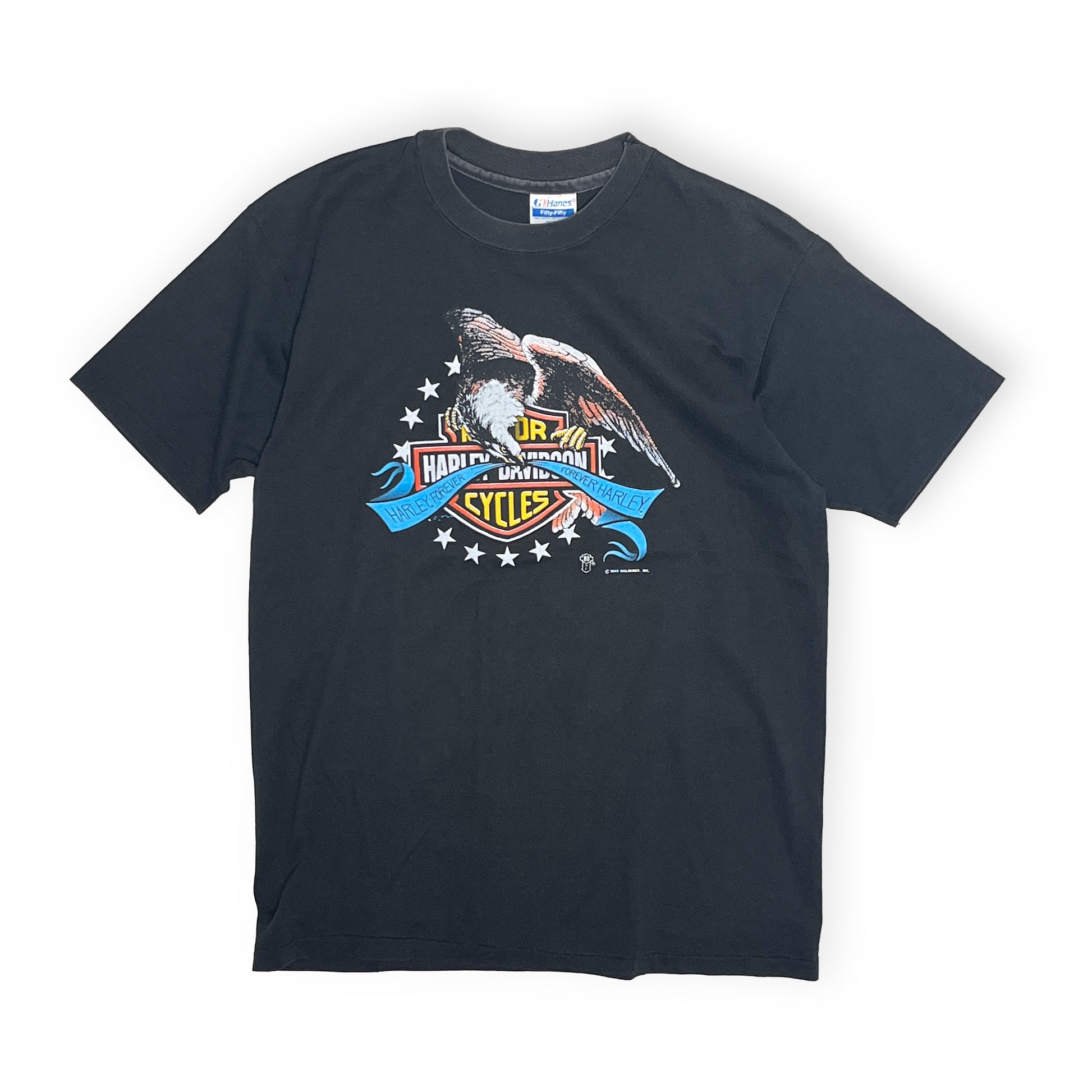 90s Hanes Harley Davidson T L 平置き 2 黒Tシャツ ハリー・デヴィッドソンロゴプリント 星の装飾