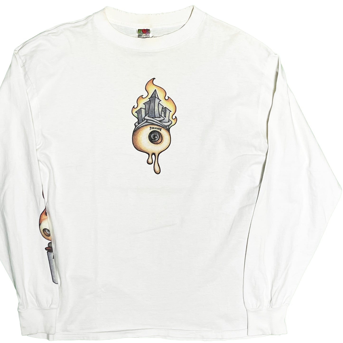 90s〜 FRUIT OF THE LOOM THRASHER L/S T L 平置き 白ベースにプリント 左袖に部分プリントあり