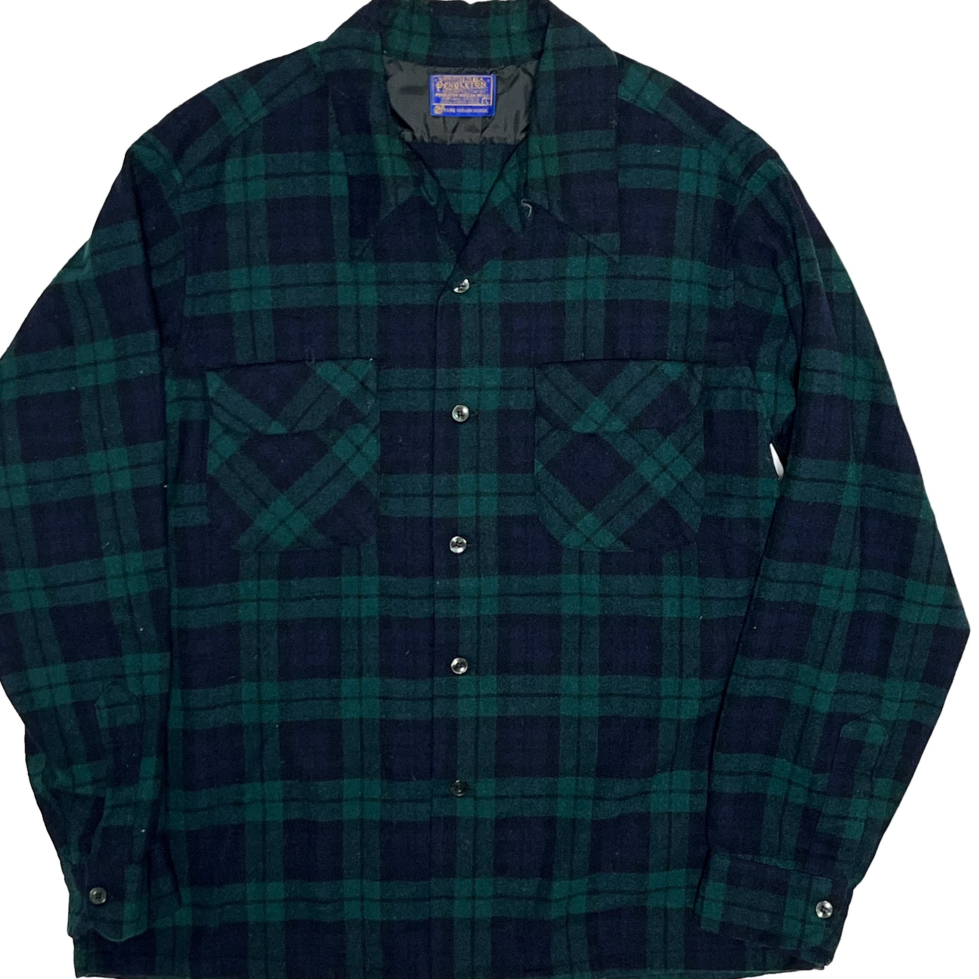 60s Pendleton Wool SH 好配色チェック L 平置き 緑と黒のチェック柄 ボタン 胸ポケット
