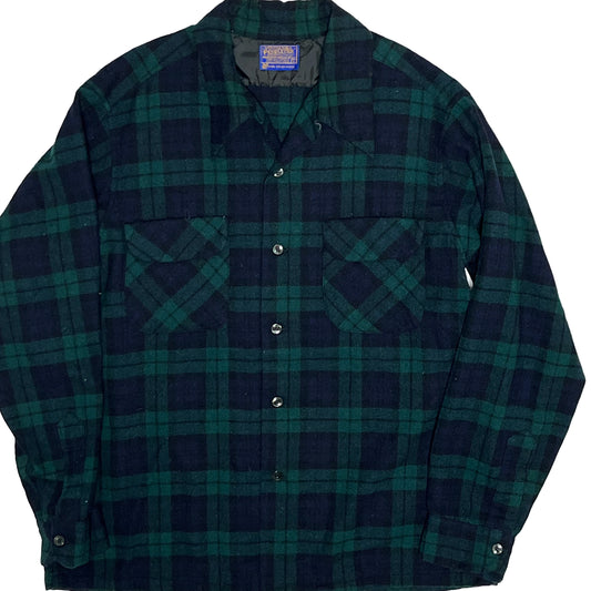 60s Pendleton Wool SH 好配色チェック L 平置き 緑と黒のチェック柄 ボタン 胸ポケット