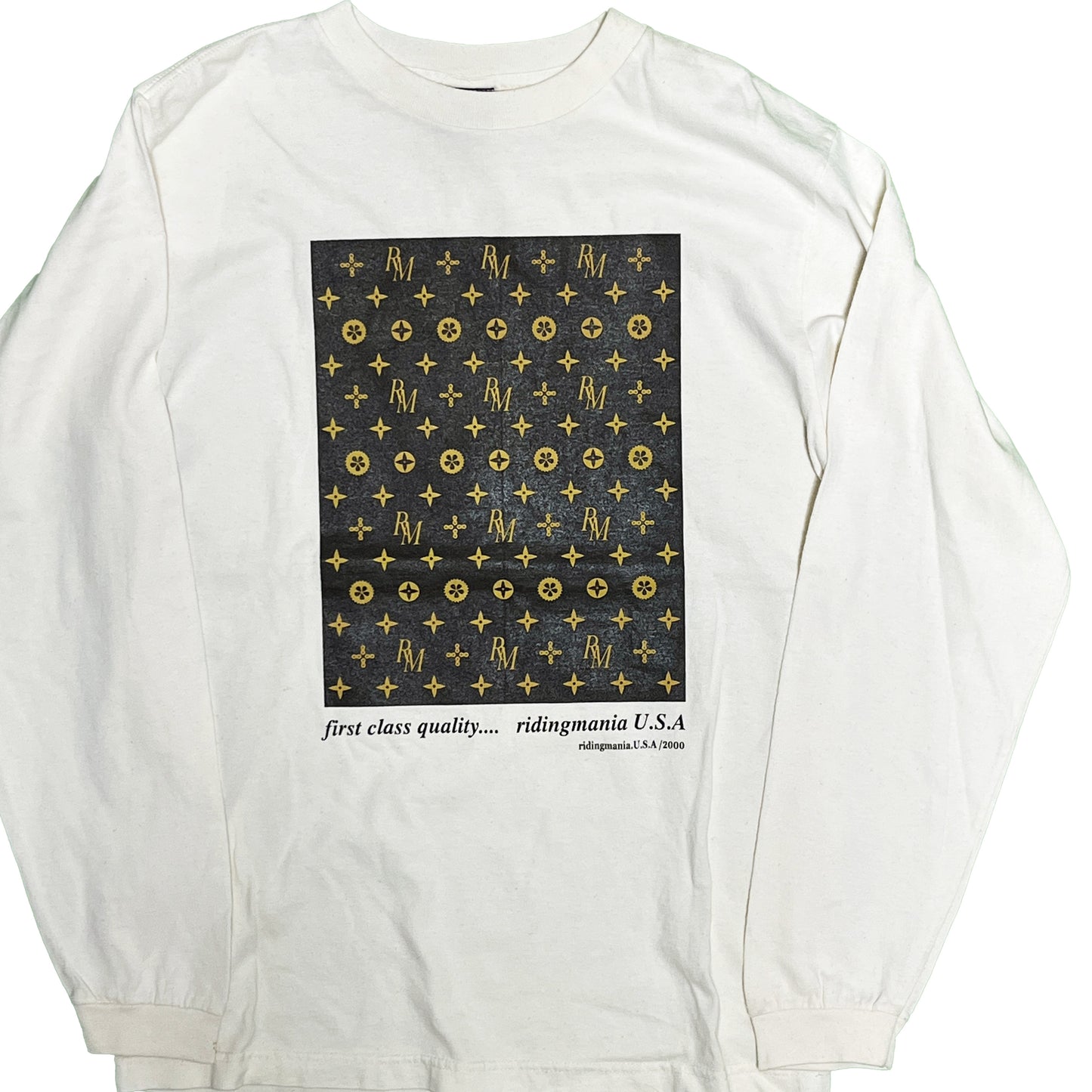 00s Ridingmania L/S T LV パロディー S 平置き 1 白ベースに黒と金色のLVパロディプリント