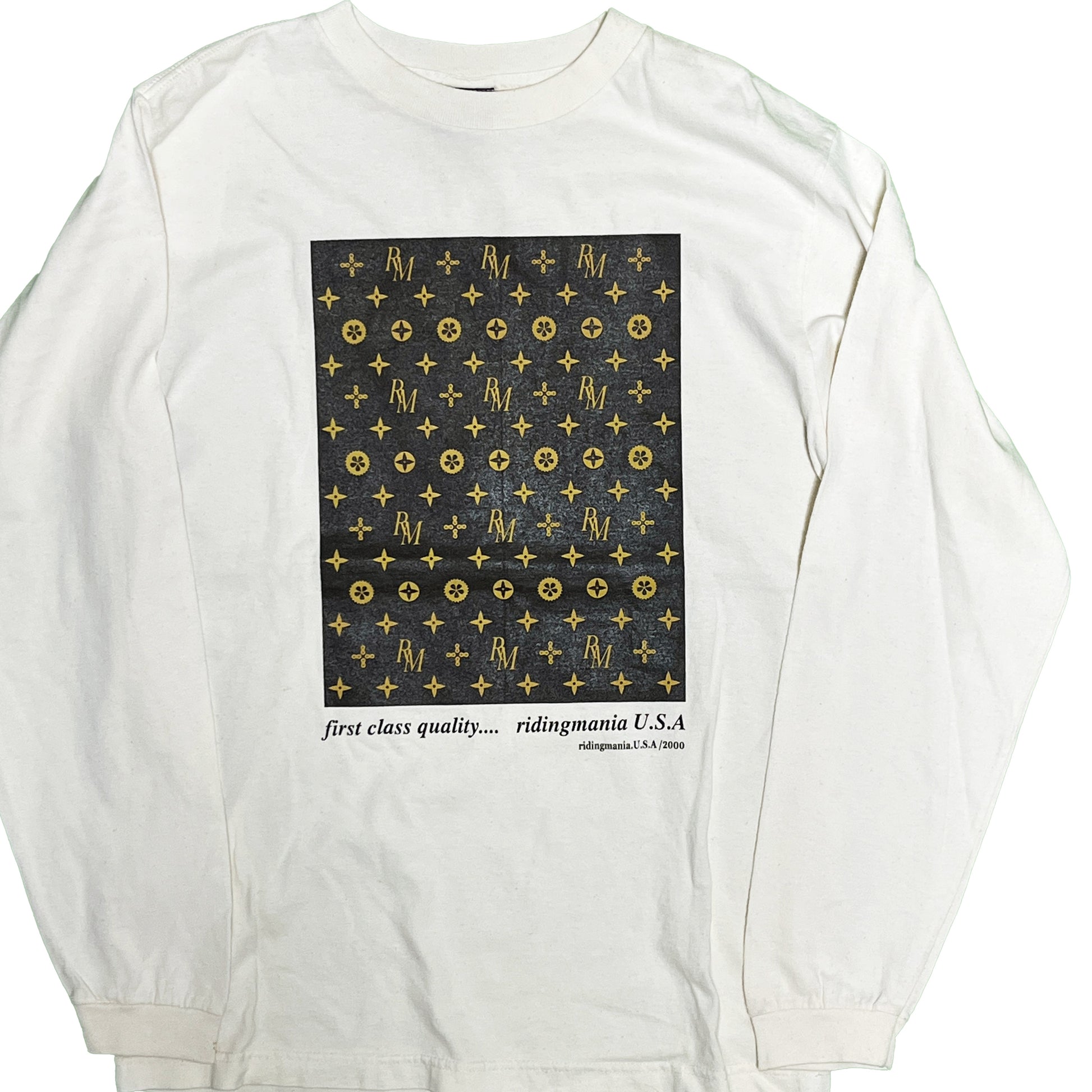 00s Ridingmania L/S T LV パロディー S 平置き 1 白ベースに黒と金色のLVパロディプリント