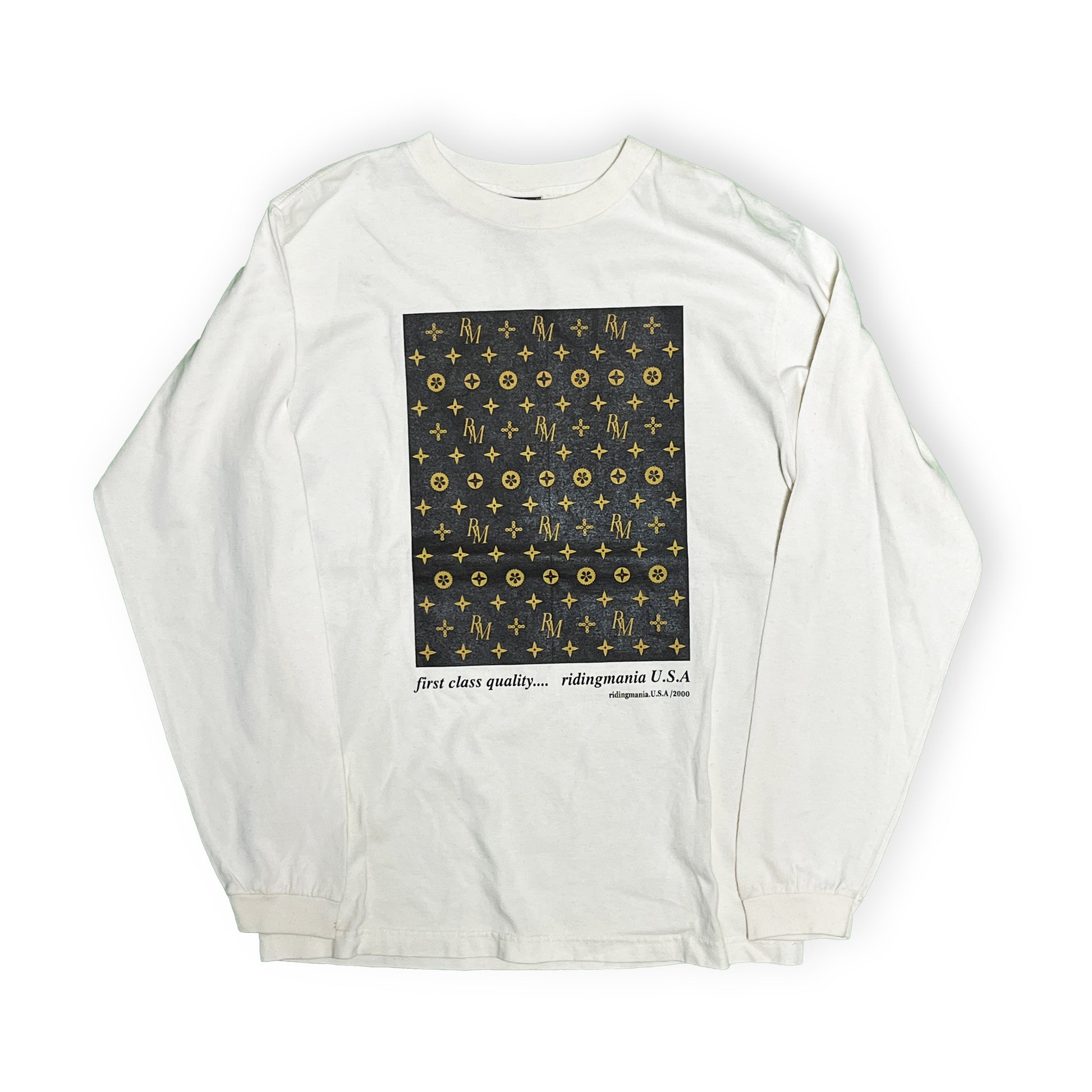 00s Ridingmania L/S T LV パロディー S 平置き 2 白ベースに黒と金色のLVパロディプリント