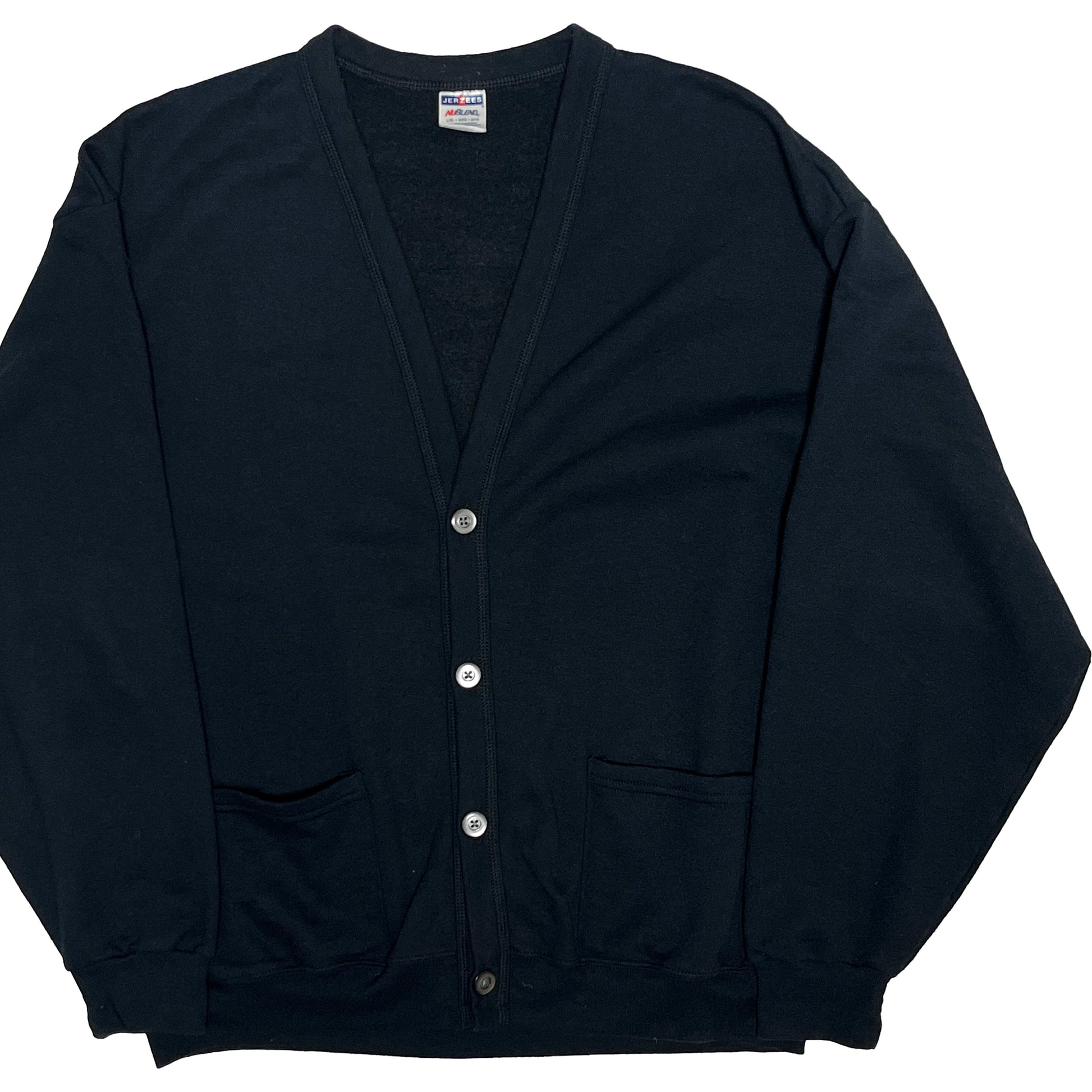 00s JERZEES Sweat Cardigan ブラック L/XL 平置き 1 Vネック ボタン通し 2枚ポケット