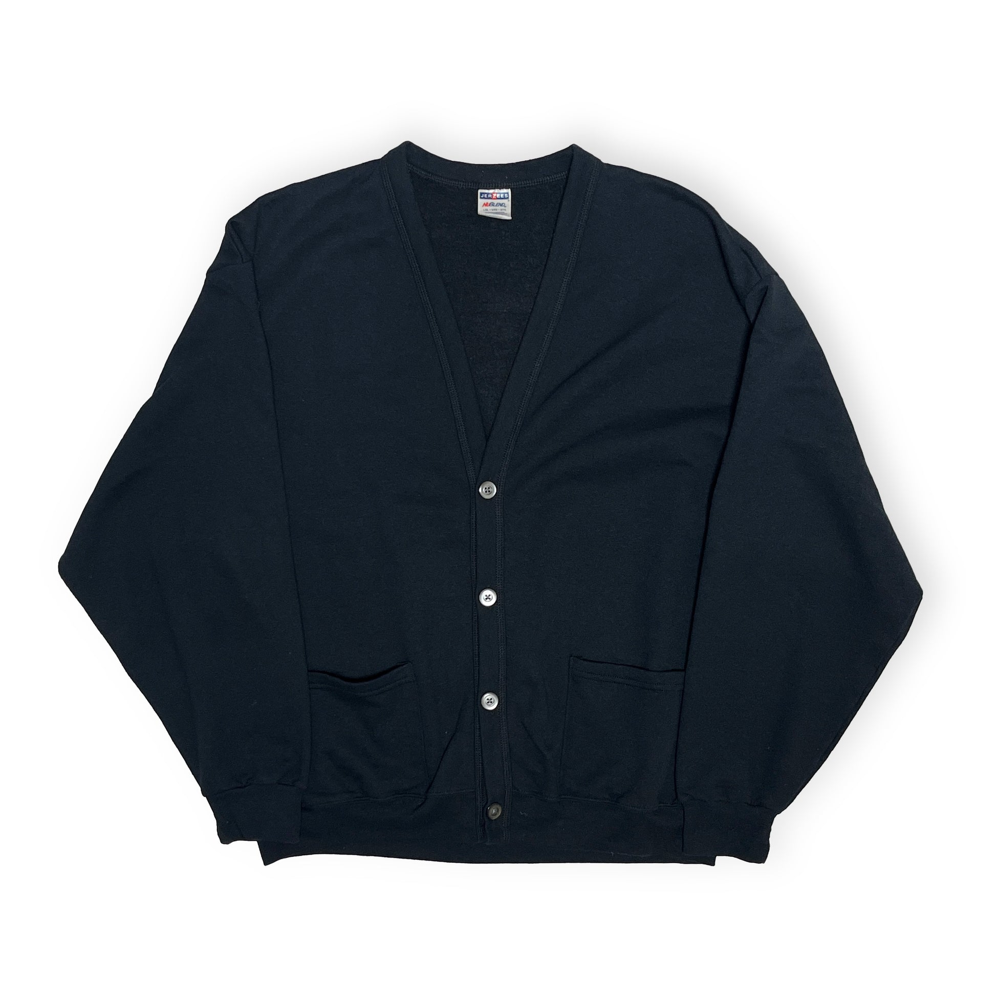 00s JERZEES Sweat Cardigan ブラック L/XL 平置き 2 Vネック ボタン通し 2枚ポケット