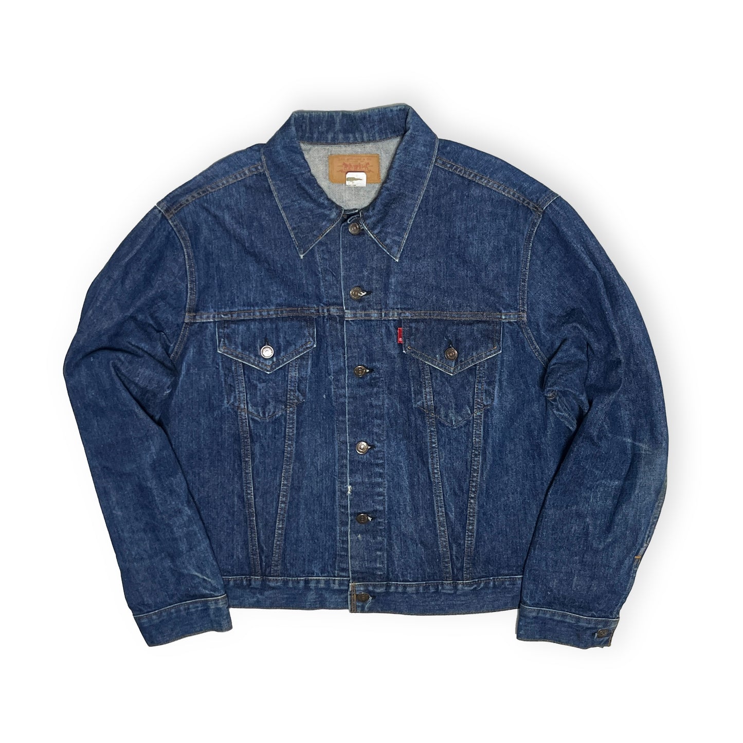 70s Levi's 70505 ®️タブ Denim JKT 50 ビッグサイズ 平置き 2 ダークブルーのジーンジャケット フロントポケット ボタン タ