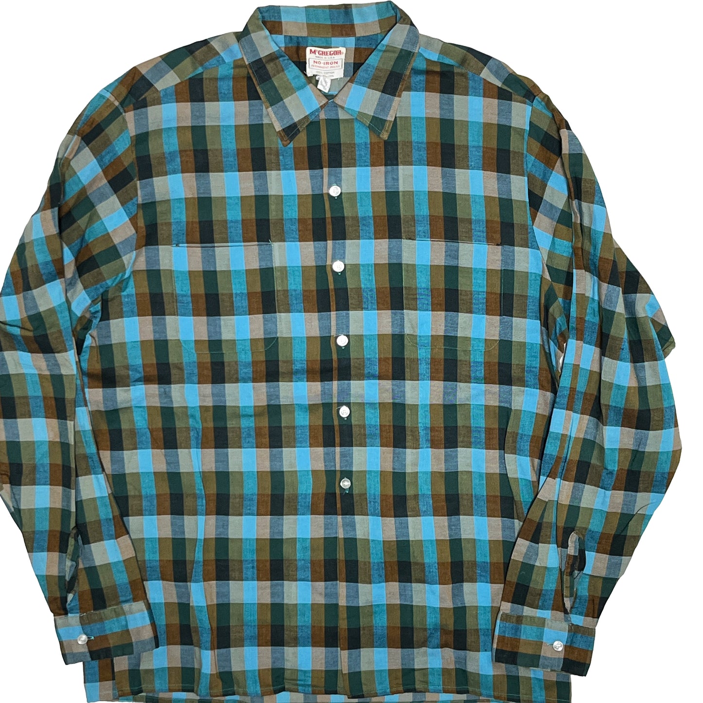 60s McGregor Cotton L/S SH 好配色チェック XL ビッグサイズ 平置き 青緑のチェック柄 ボタン 襟 袖口