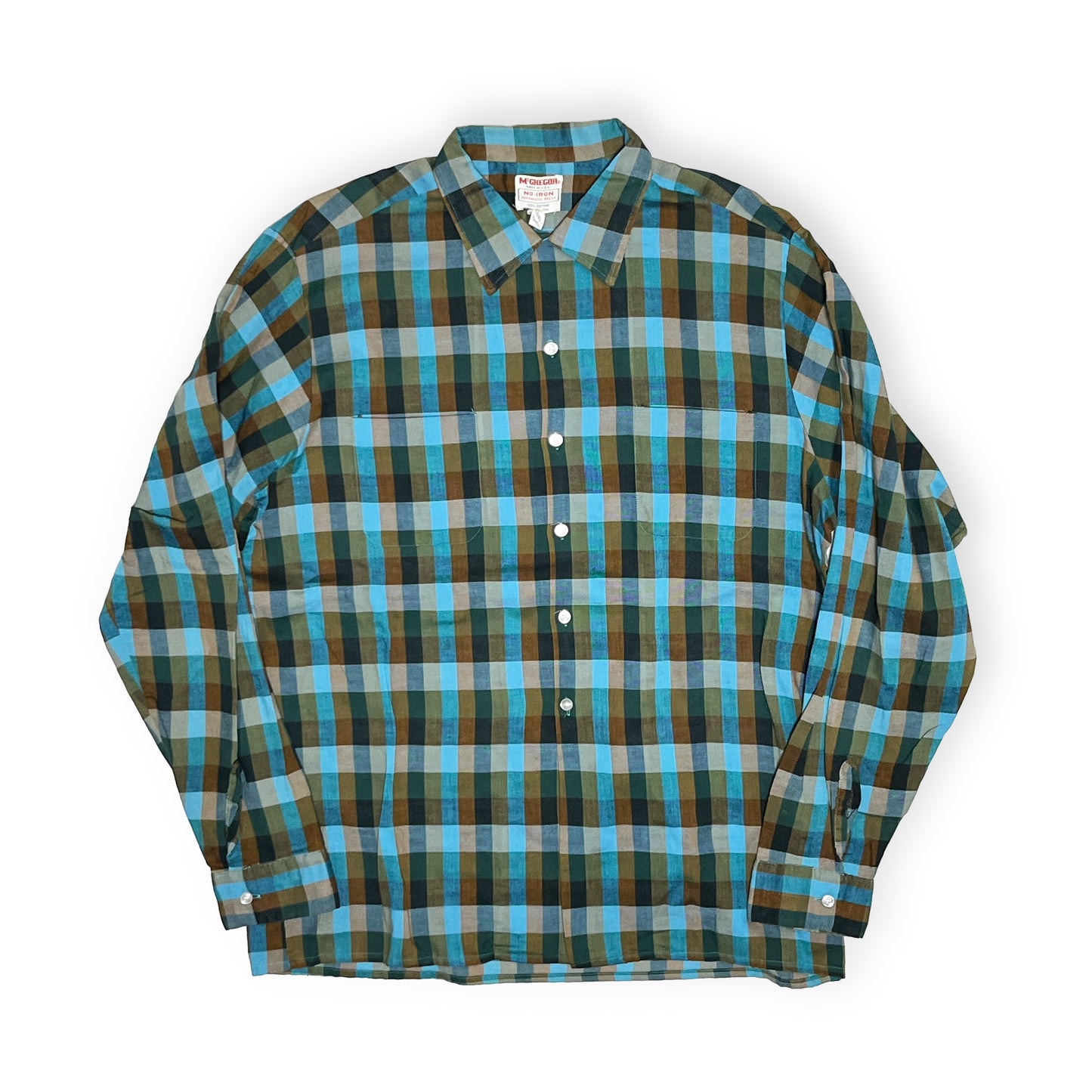 60s McGregor Cotton L/S SH 好配色チェック XL ビッグサイズ 平置き 1 青緑のチェック柄 襟 ボタン