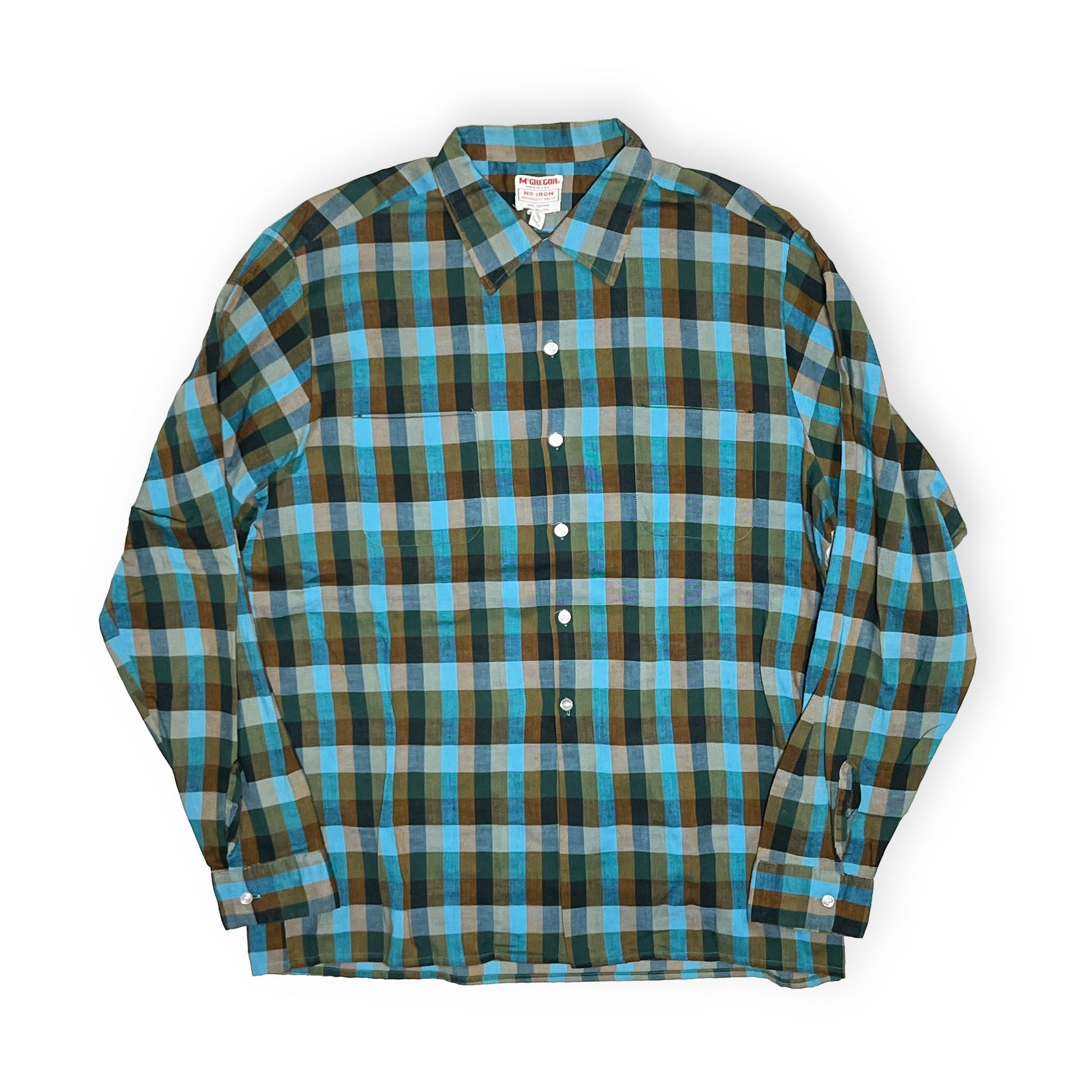 60s McGregor Cotton L/S SH 好配色チェック XL ビッグサイズ 平置き 1 青緑のチェック柄 襟 ボタン