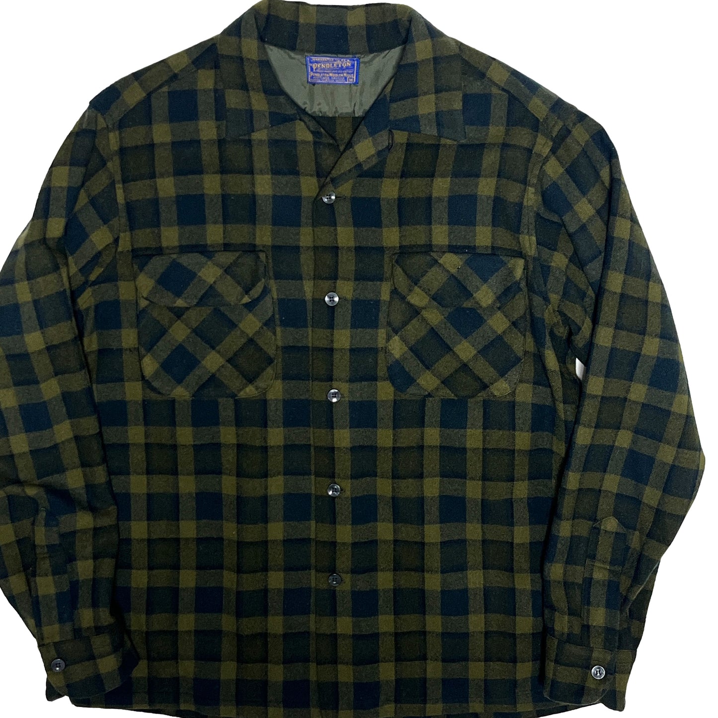 50s Pendleton Wool SH 好配色チェック M 平置き 1 緑・黒のチェック柄 2枚ポケット ボタン 襟 タグ