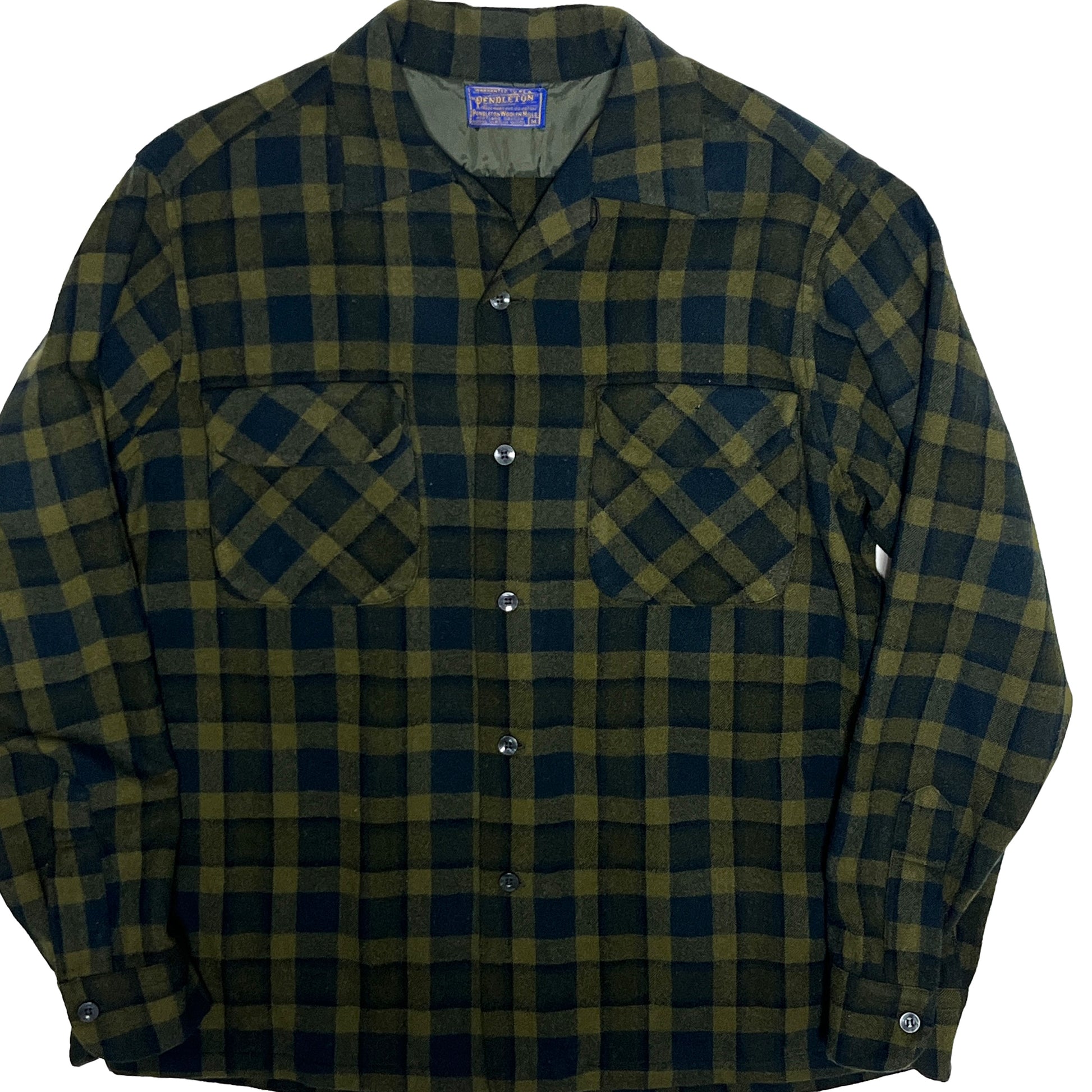 50s Pendleton Wool SH 好配色チェック M 平置き 1 緑・黒のチェック柄 2枚ポケット ボタン 襟 タグ