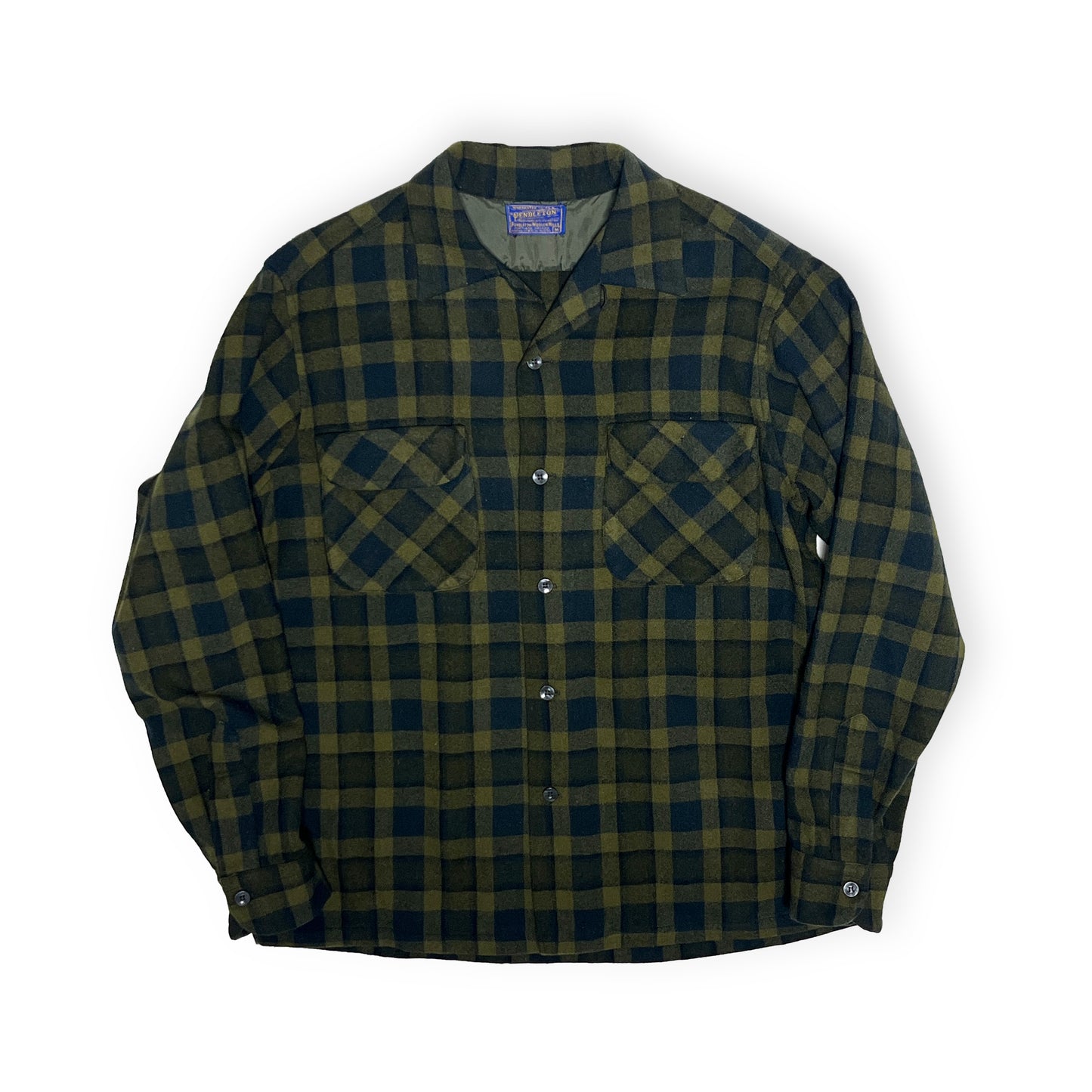 50s Pendleton Wool SH 好配色チェック M 平置き 2 緑・黒のチェック柄 2枚ポケット ボタン 襟 タグ