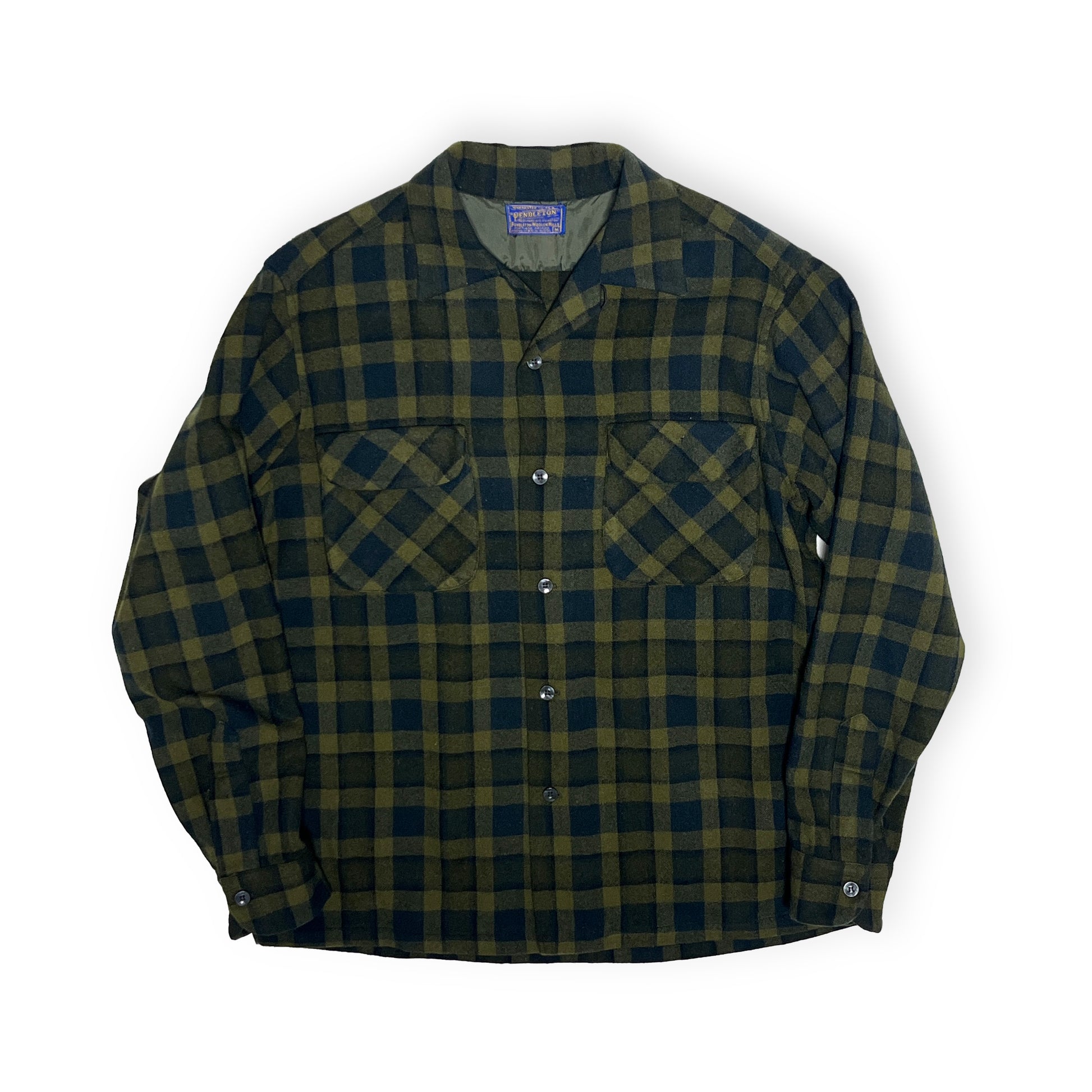50s Pendleton Wool SH 好配色チェック M 平置き 2 緑・黒のチェック柄 2枚ポケット ボタン 襟 タグ