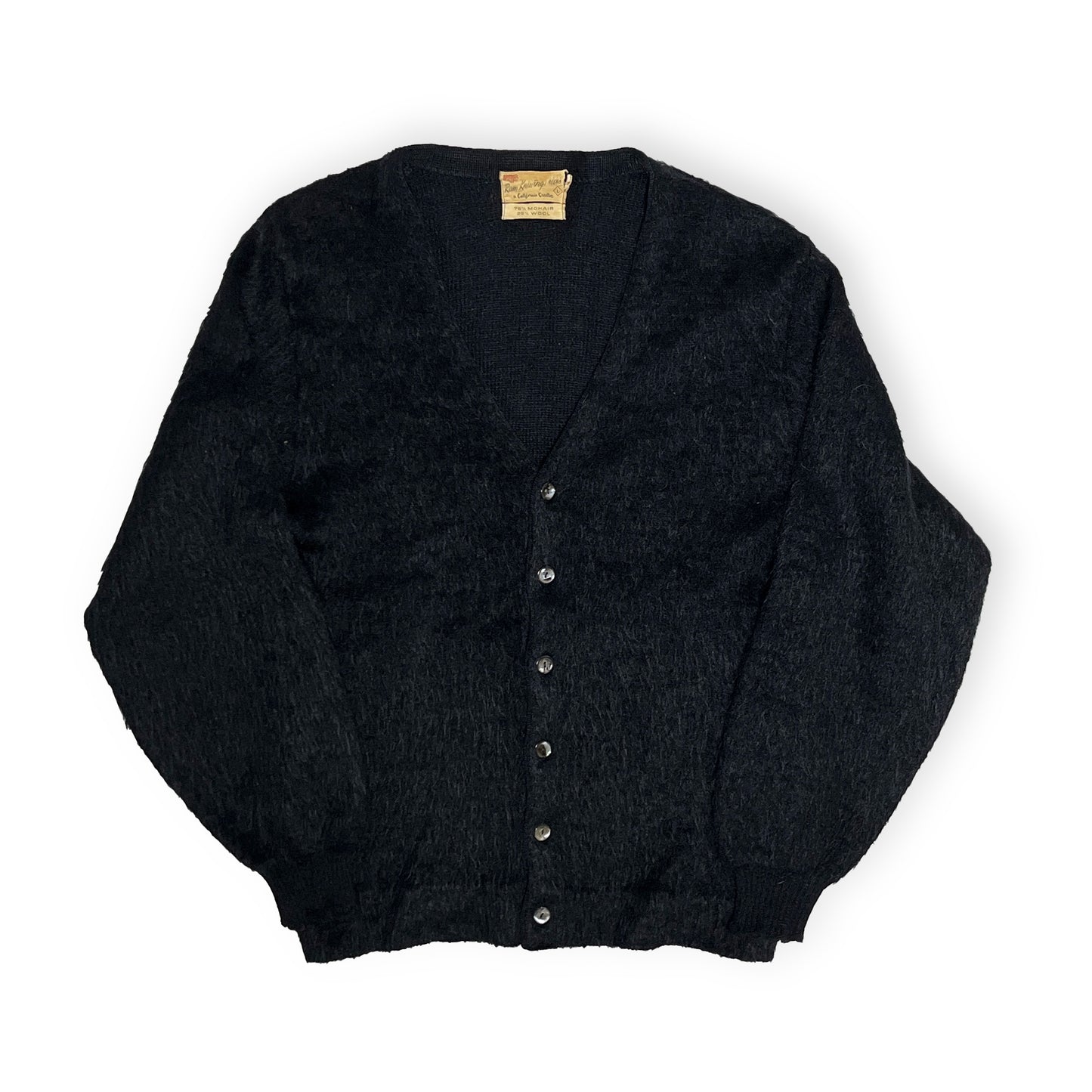 60s〜 Black Mohair Cardigan L 平置き 2 黒色 Vネック ボタン付き 毛布地