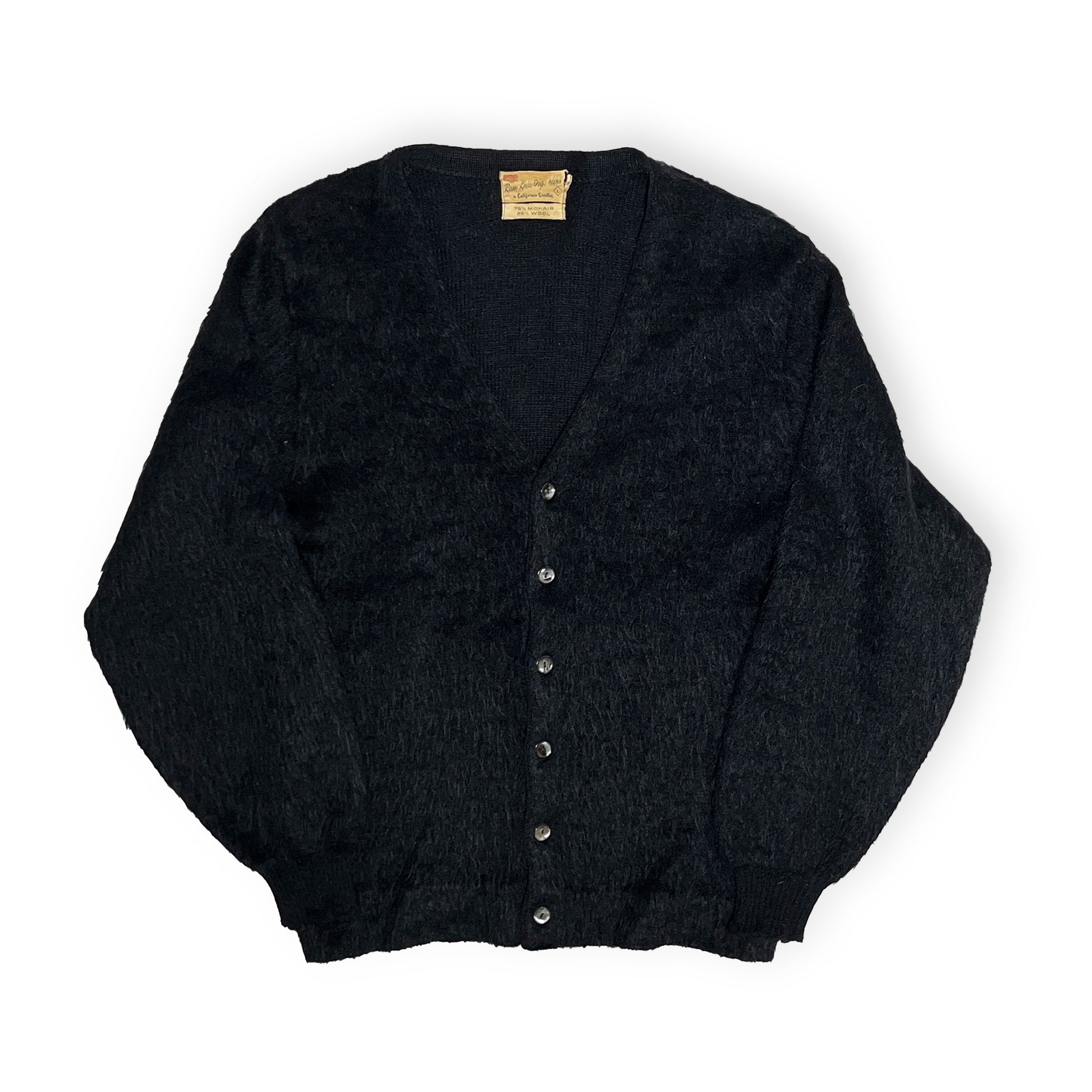 60s〜 Black Mohair Cardigan L 平置き 2 黒色 Vネック ボタン付き 毛布地