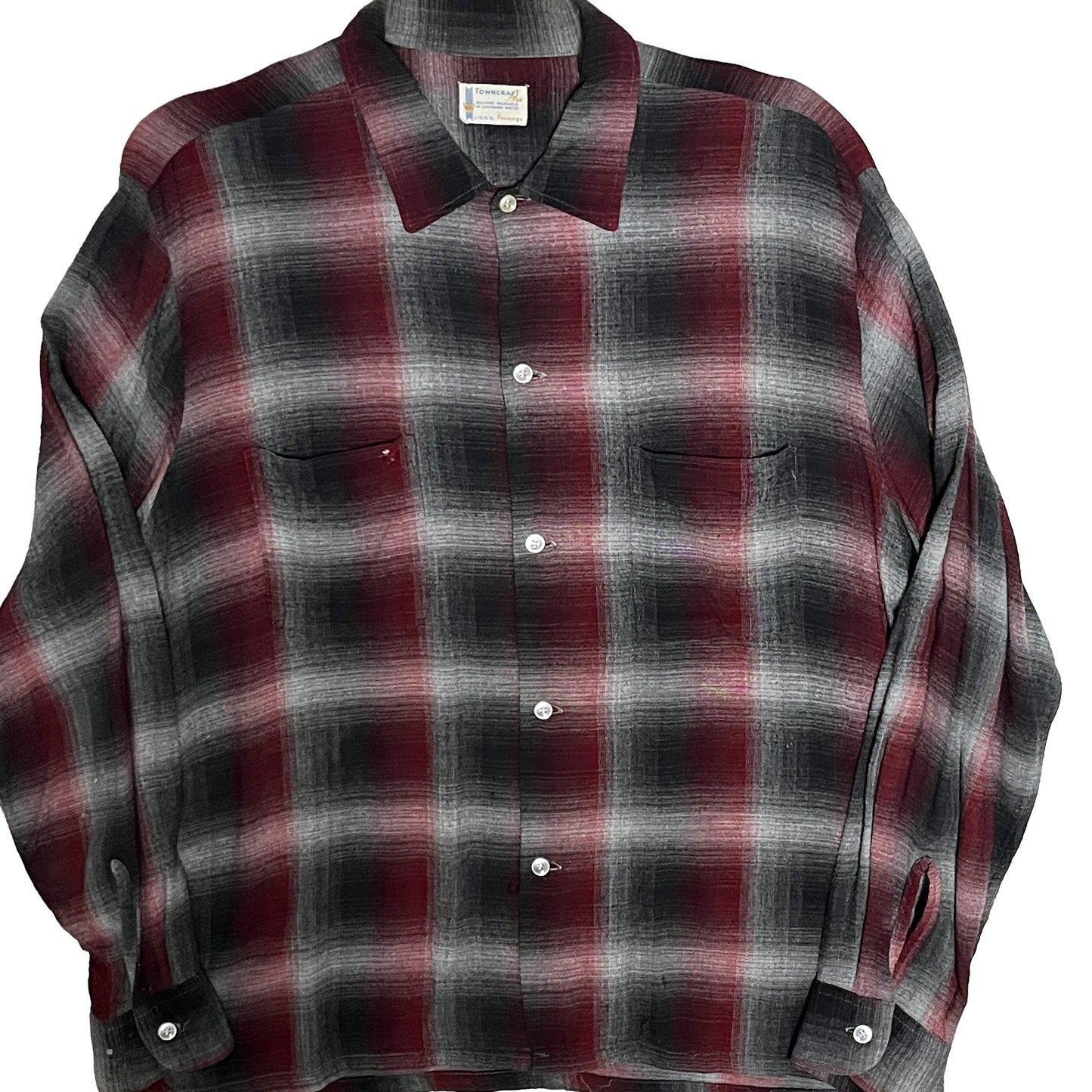 60s〜 TOWNCRAFT Rayon L/S SH オンブレ L 平置き 1 赤・黒・グレーのチェック柄 ボタン 胸ポケット