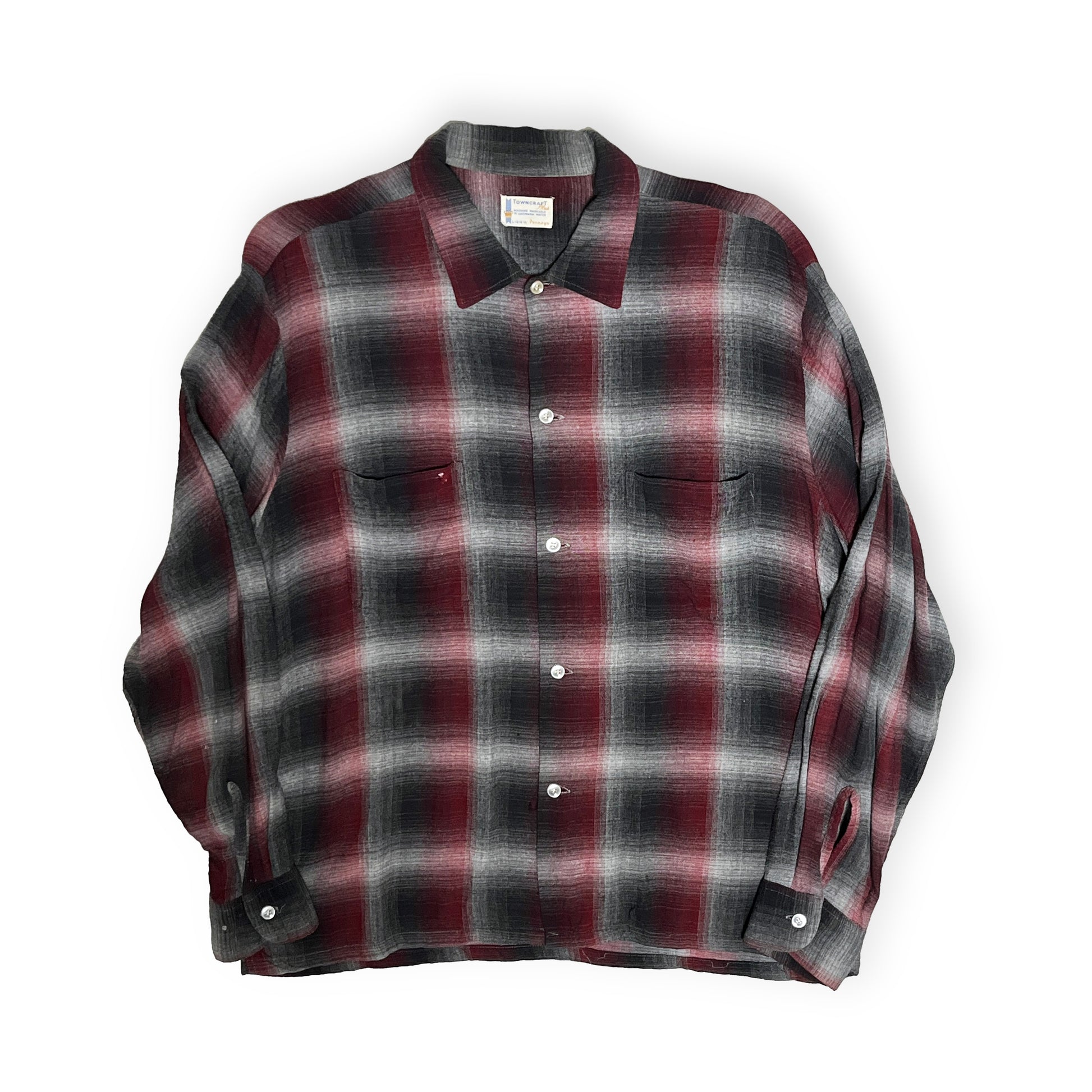 60s〜 TOWNCRAFT Rayon L/S SH オンブレ L 平置き 2 赤・黒・グレーのチェック柄 ボタン 胸ポケット