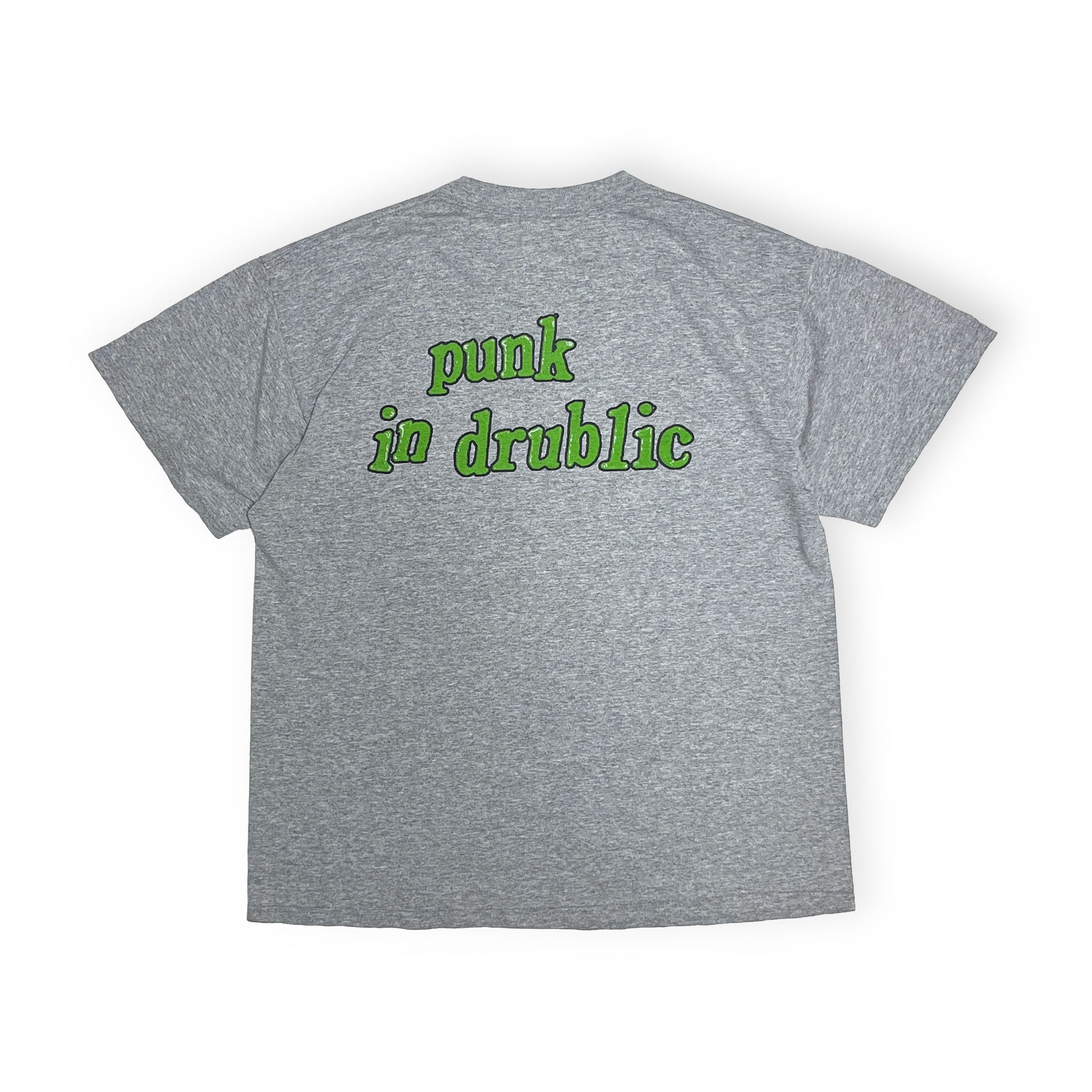 90s DELTA NOFX "Punk in Drublic" T L 背面 灰色Tシャツ背面 緑色の'punk in drublic'文