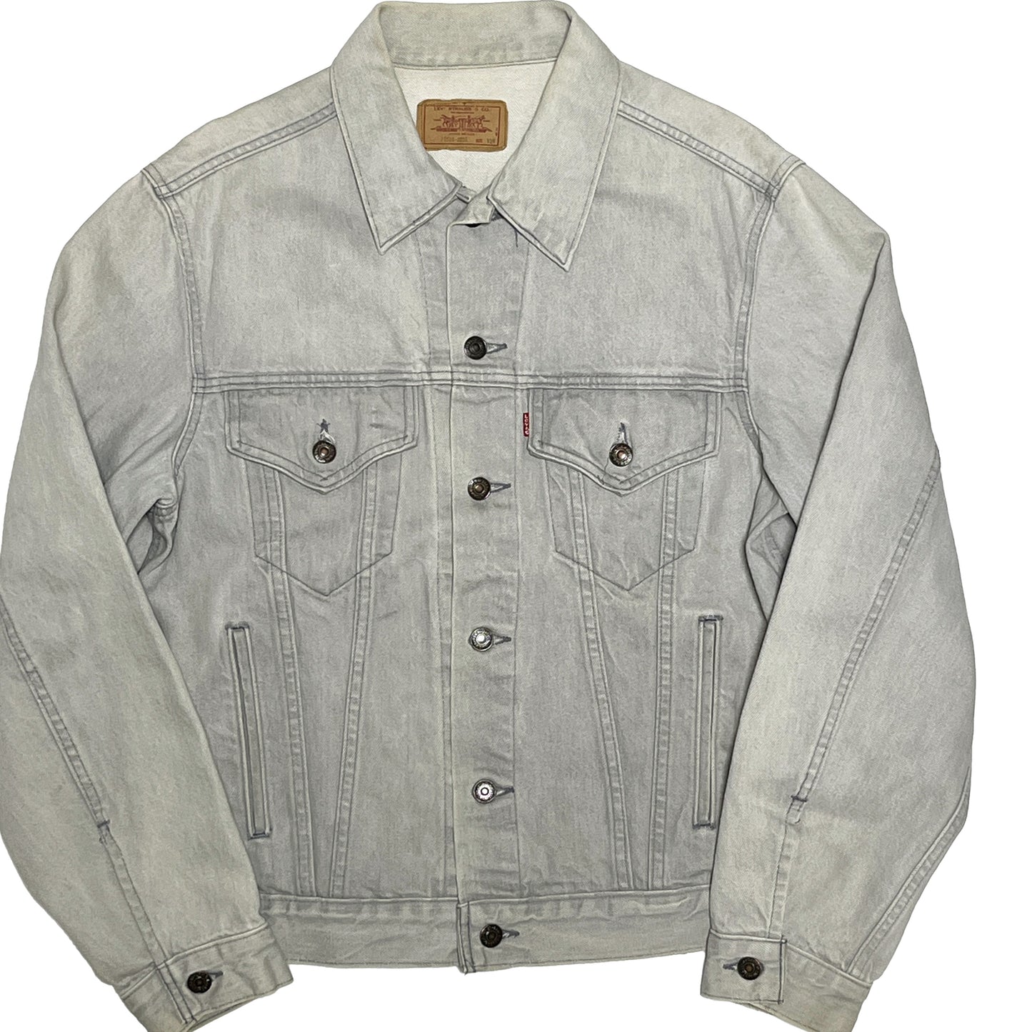 80s Levi's 70506 Gray Denim JKT 42R 平置き 1 グレーのジーンジャケット フロントポケット ボタン タグ