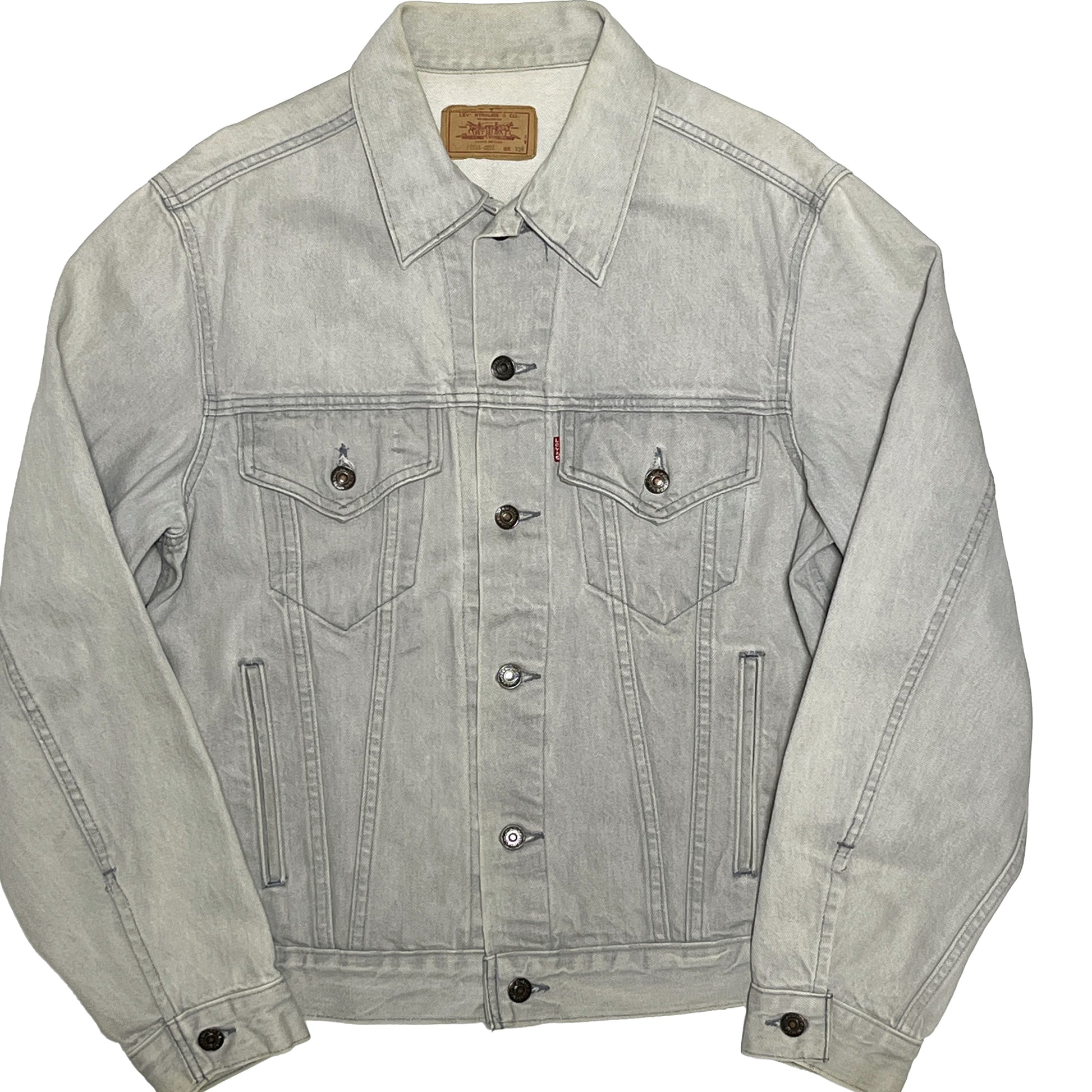 80s Levi's 70506 Gray Denim JKT 42R 平置き 1 グレーのジーンジャケット フロントポケット ボタン タグ