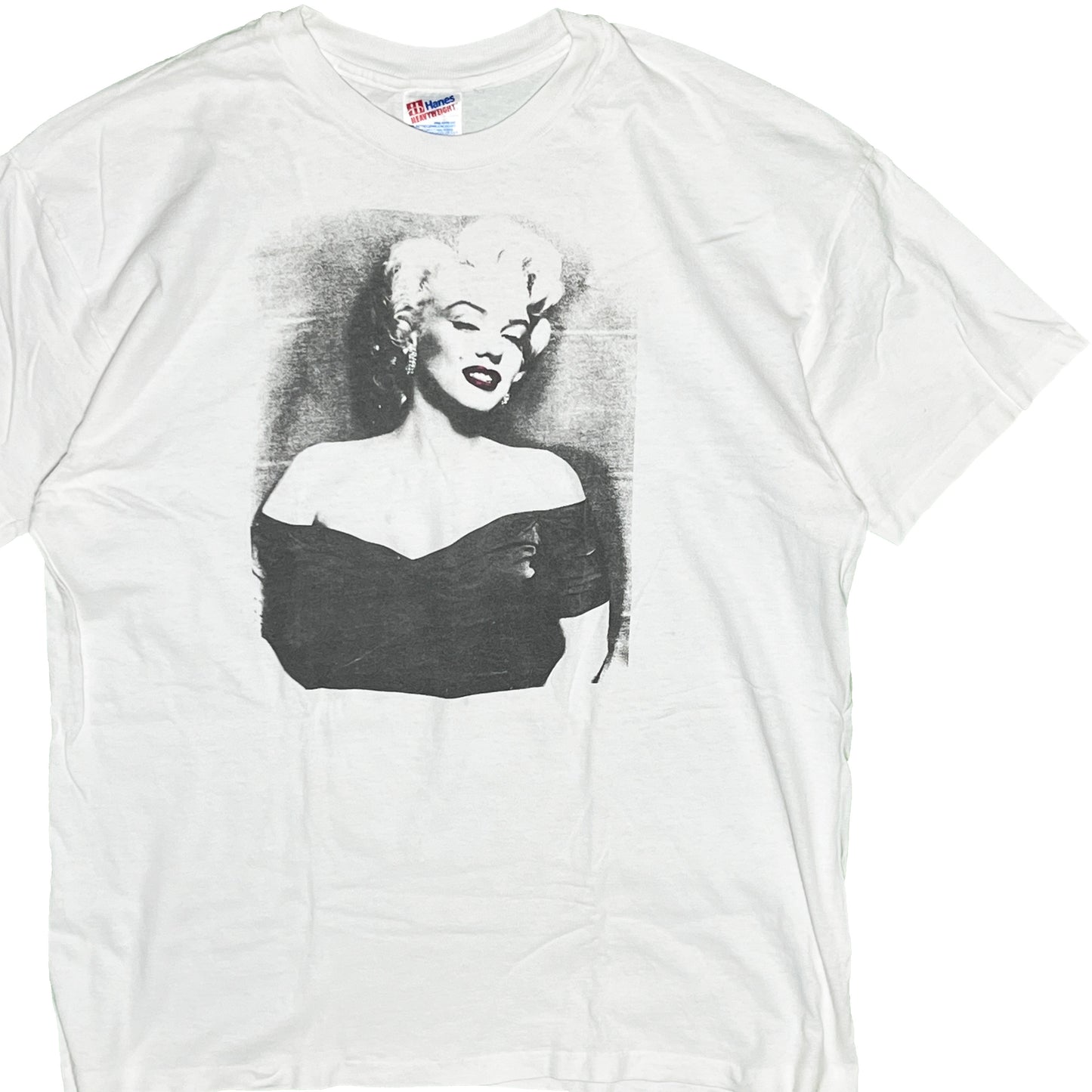 90s Hanes Marilyn Monroe T XL 平置き 1 白ベースに黒いマリン・マロンプリント