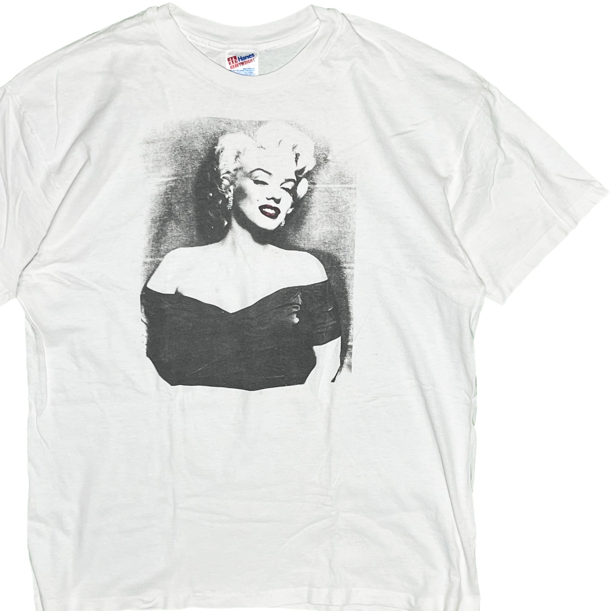 90s Hanes Marilyn Monroe T XL 平置き 1 白ベースに黒いマリン・マロンプリント