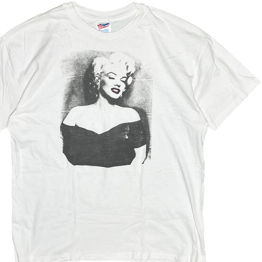 90s Hanes Marilyn Monroe T XL 平置き 1 白ベースに黒いマリン・マロンプリント