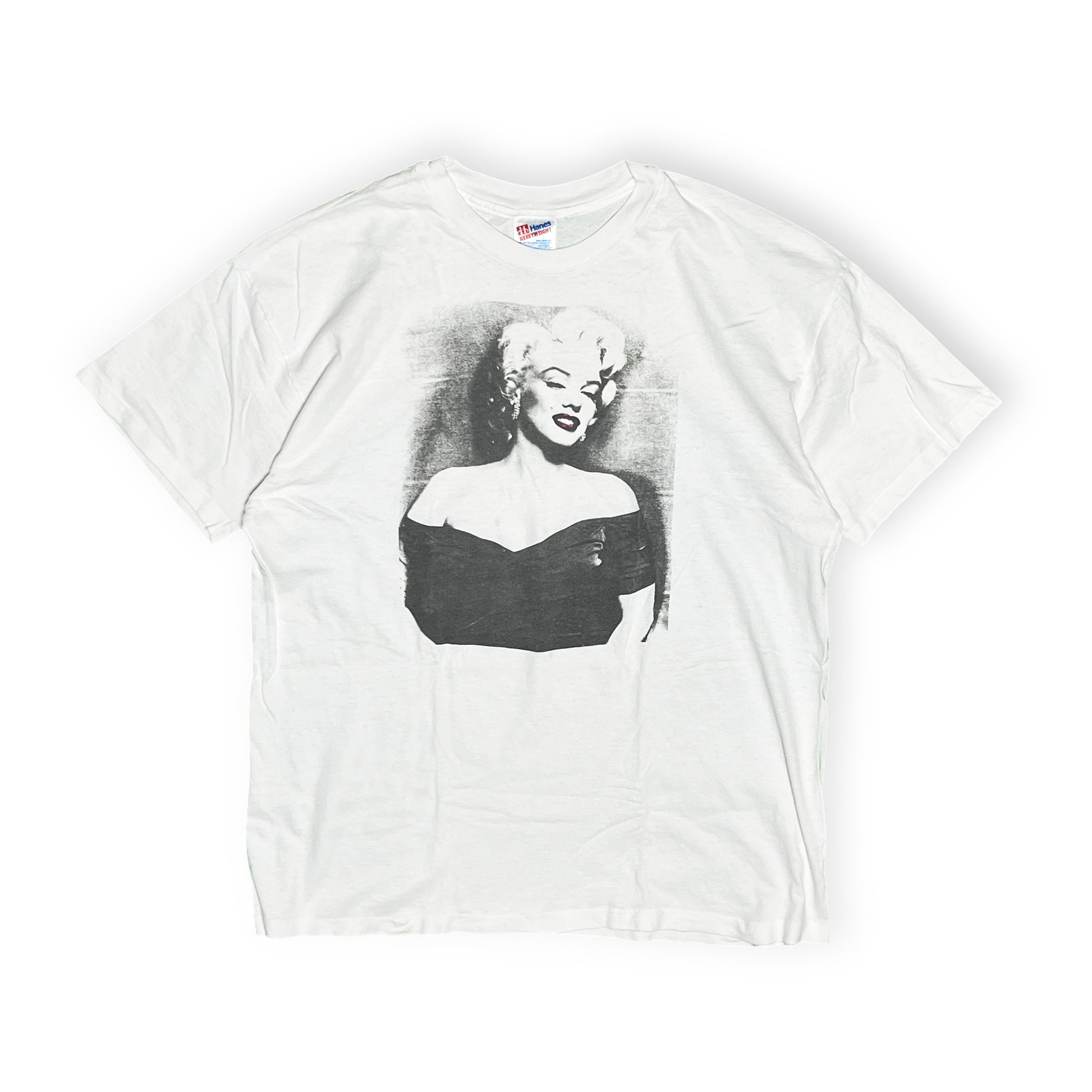 90s Hanes Marilyn Monroe T XL 平置き 2 白ベースに黒いマリン・マロンプリント