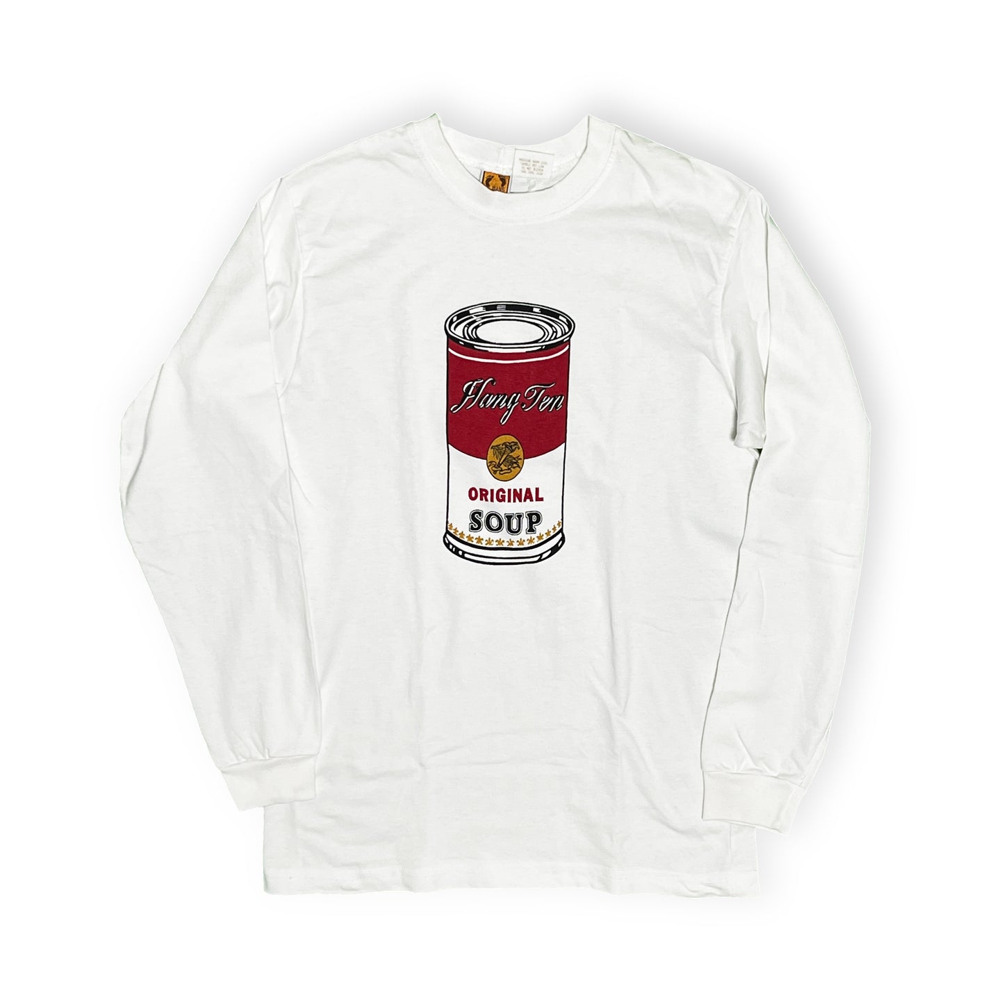90s HANGTEN L/S T "Campbell Soup" パロディー M 平置き 2 白ベースにキャンベルスープの缶パロディープリント