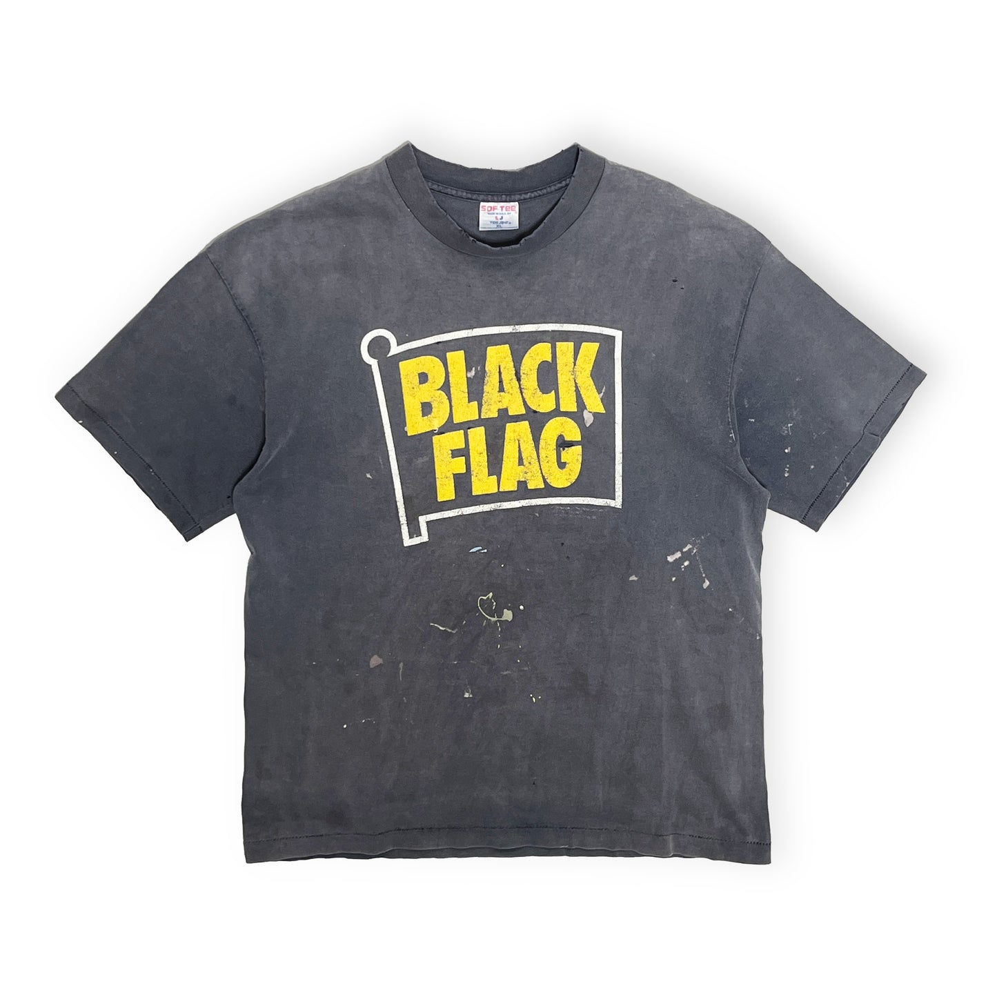 90s SOF Tee BLACK FLAG T 極上雰囲気 XL 平置き 2 グレーのTシャツ 'BLACK FLAG'の黄色いプリント