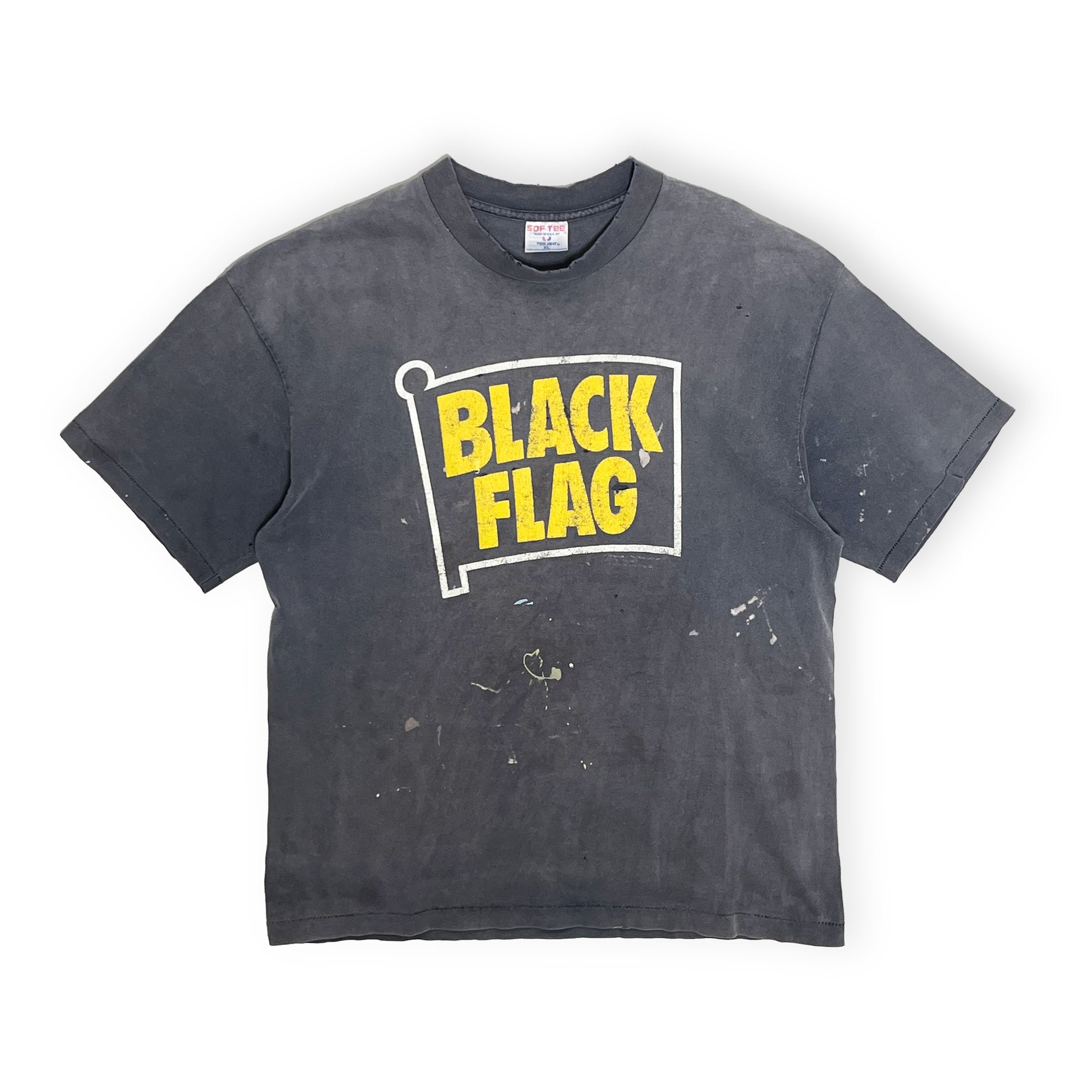 90s SOF Tee BLACK FLAG T 極上雰囲気 XL 平置き 2 グレーのTシャツ 'BLACK FLAG'の黄色いプリント