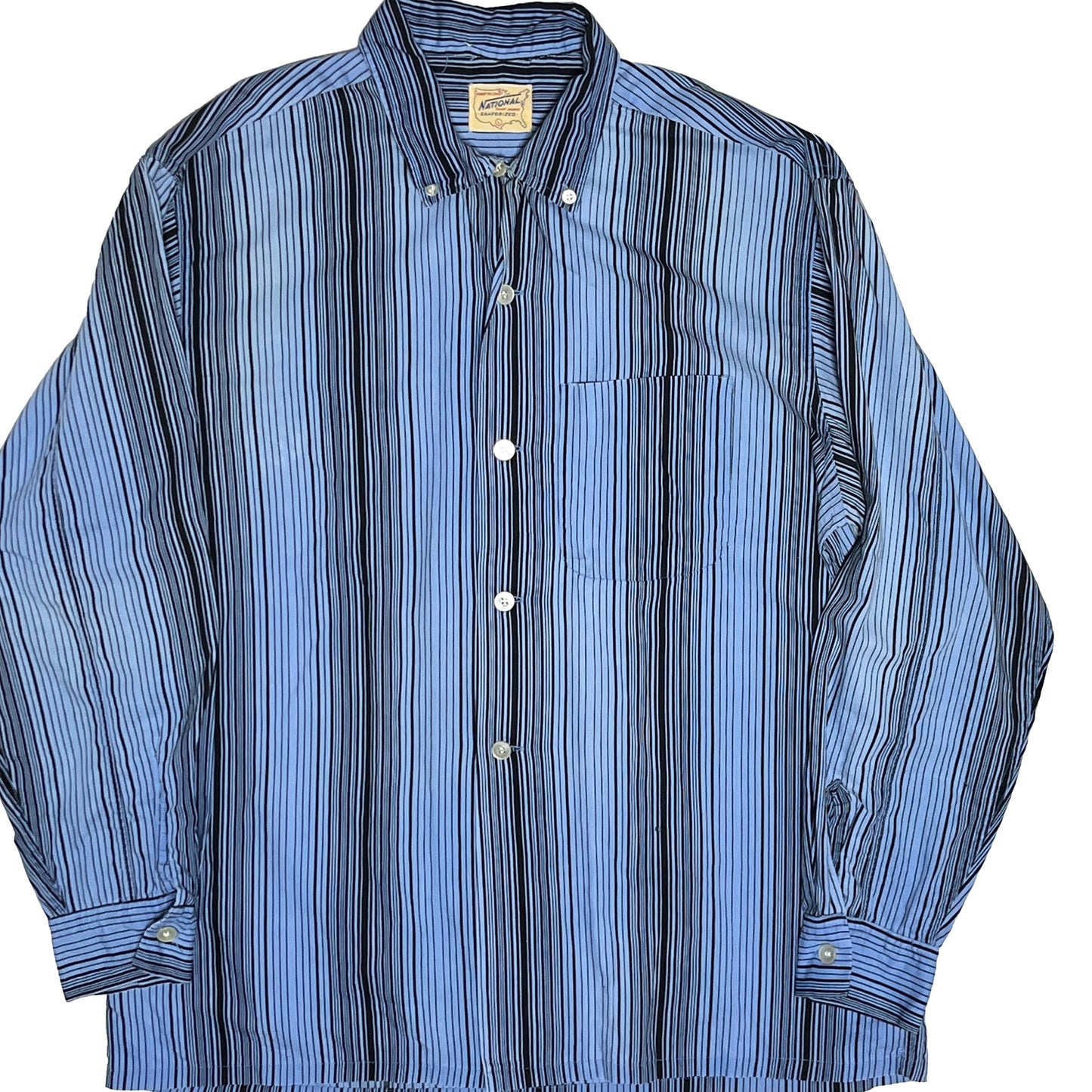 60s National Cotton L/S ストライプ SH 3点留めボタンダウン L 平置き 1 全体的なストライプ柄のシャツ