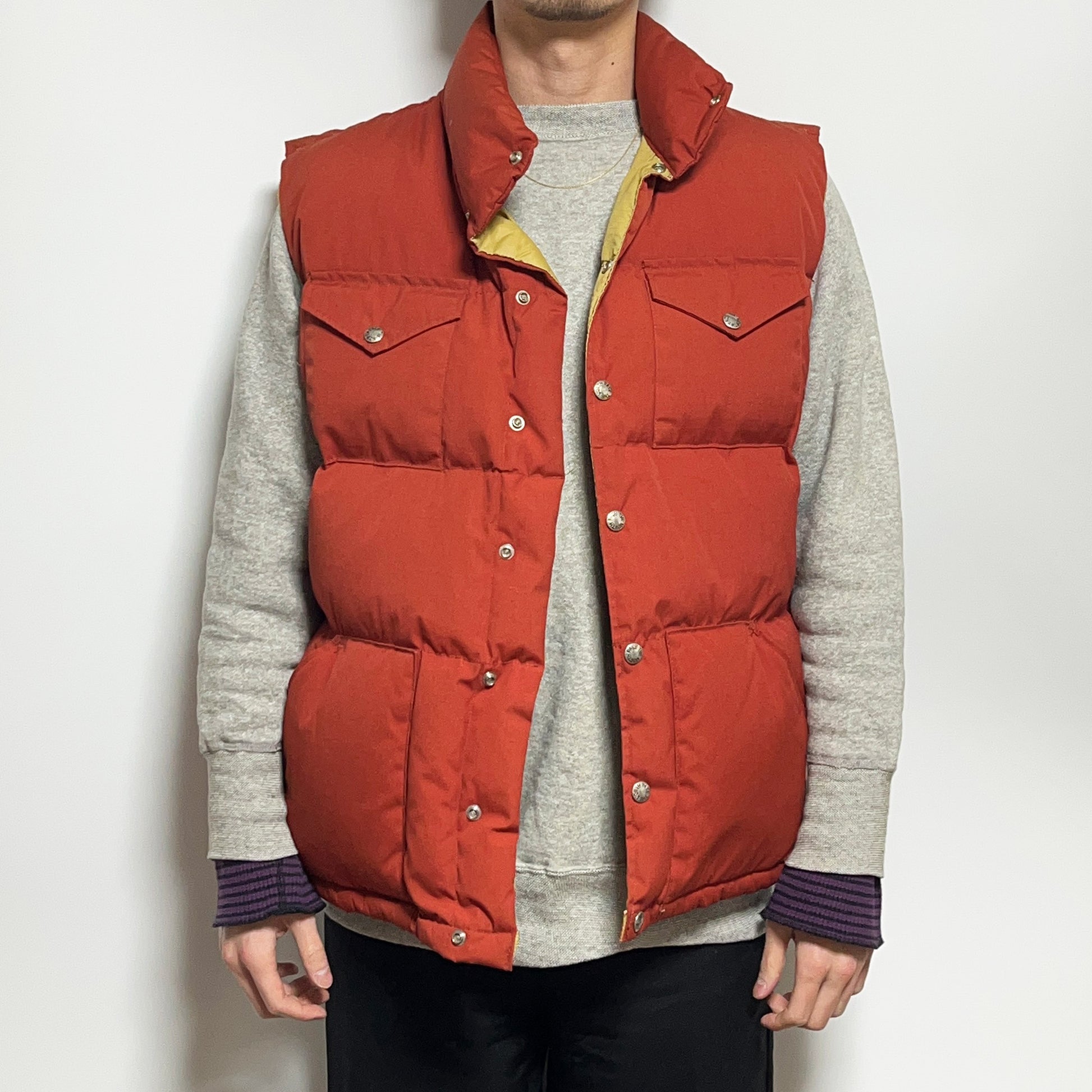 80s THE NORTH FACE Vest レンガ色 好カラー L モデル着用 グレーセーター