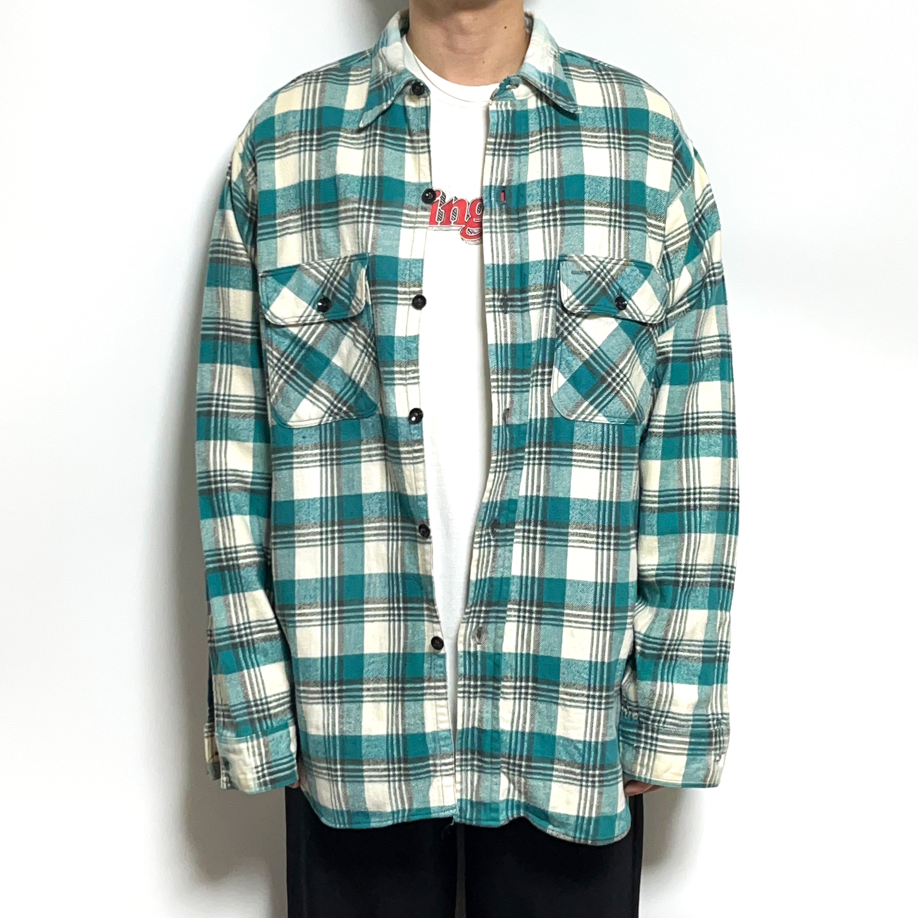 50s Pilgrim Nel マチ付き 配色パターン シャツ XL ヴィンテージ古着