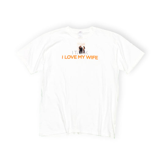 00s Anvil I THINK I LOVE MY WIFE T L Deadstock 平置き 白Tシャツ 前面に「I THINK I LOVE MY WI