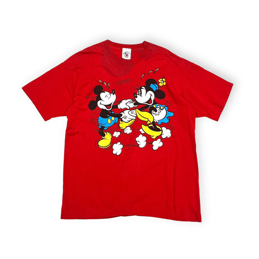 90s Disney Mickey Minnie T 青パン L 平置き 赤いTシャツ MickeyとMinnieのプリント 襟のタグ