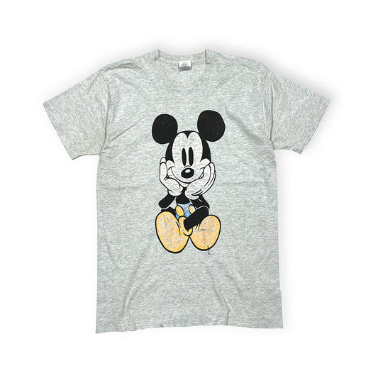 90s Disney Mickey Blue PT T L 平置き グレーベースに黒のプリント Mickey Mouseの顔と手