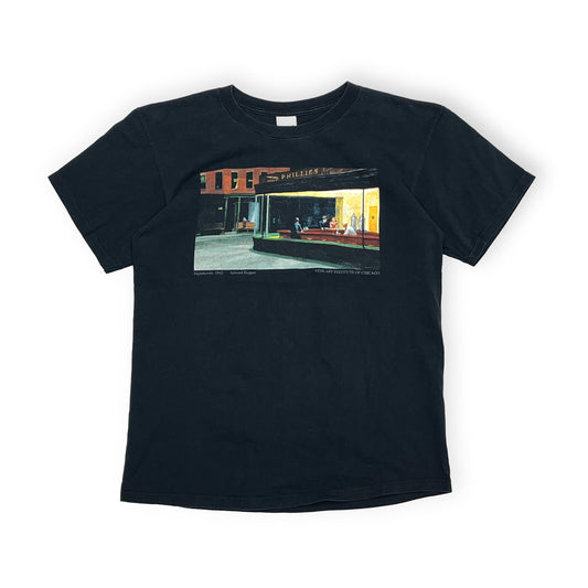 90s Anvil Edward Hopper T L 平置き 黒TシャツにEdward Hopperの『Nighthawk