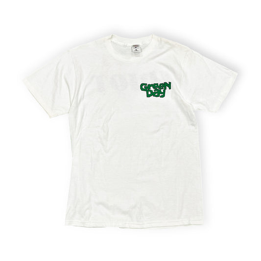 90s FRUIT OF THE LOOM Greenday T L 平置き 白ベースに緑の'Green Day'ロゴプリント