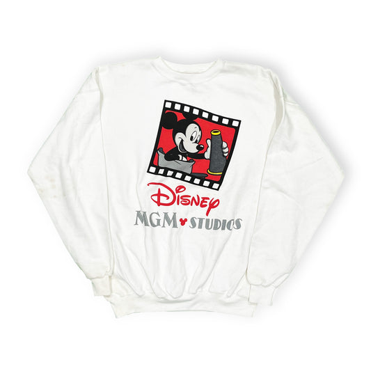 90s Disney Mickey Sweat XL Deadstock 平置き 白ベースに黒と赤のプリント Disney MGM Studi