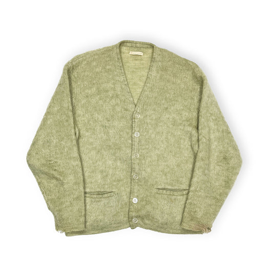 60s〜 Unknown Mohair Cardigan 若草色 L 平置き 若草色 ボタン付き Vネック ポケットあり