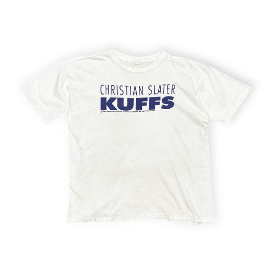 90s UnKnown Kuffs T L 平置き 白ベースに青いプリント Christian Slater K