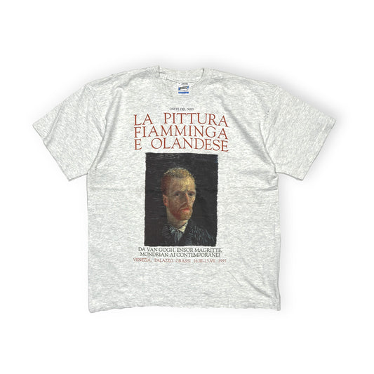90s SCREEN STARS Gogh "自画像" T XL 平置き 白ベースに赤と黒の文字プリント ヴィンテージ風デザイン
