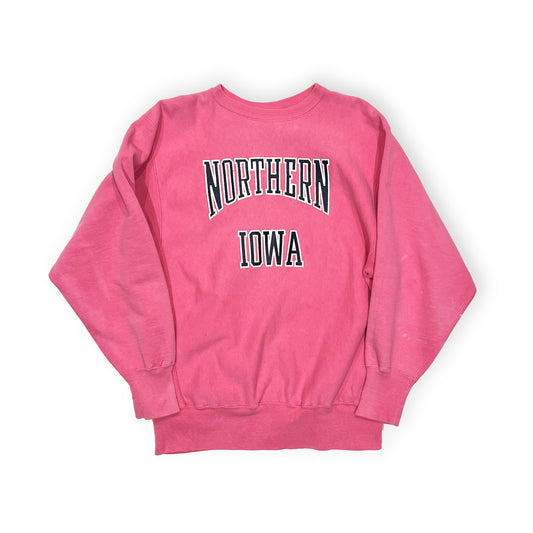 90s Champion R/W "NORTHERN IOWA" XL 平置き ピンク色 NORTHERN IOWAプリント 背面