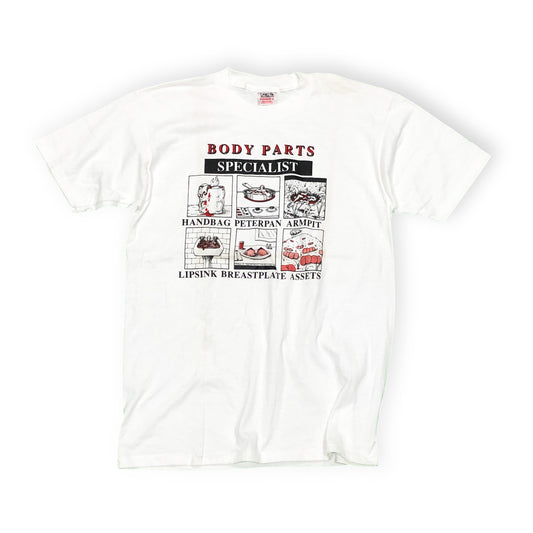 90s ONEITA BODY PARTS T XL Deadstock 平置き 白Tシャツ プリント タグ